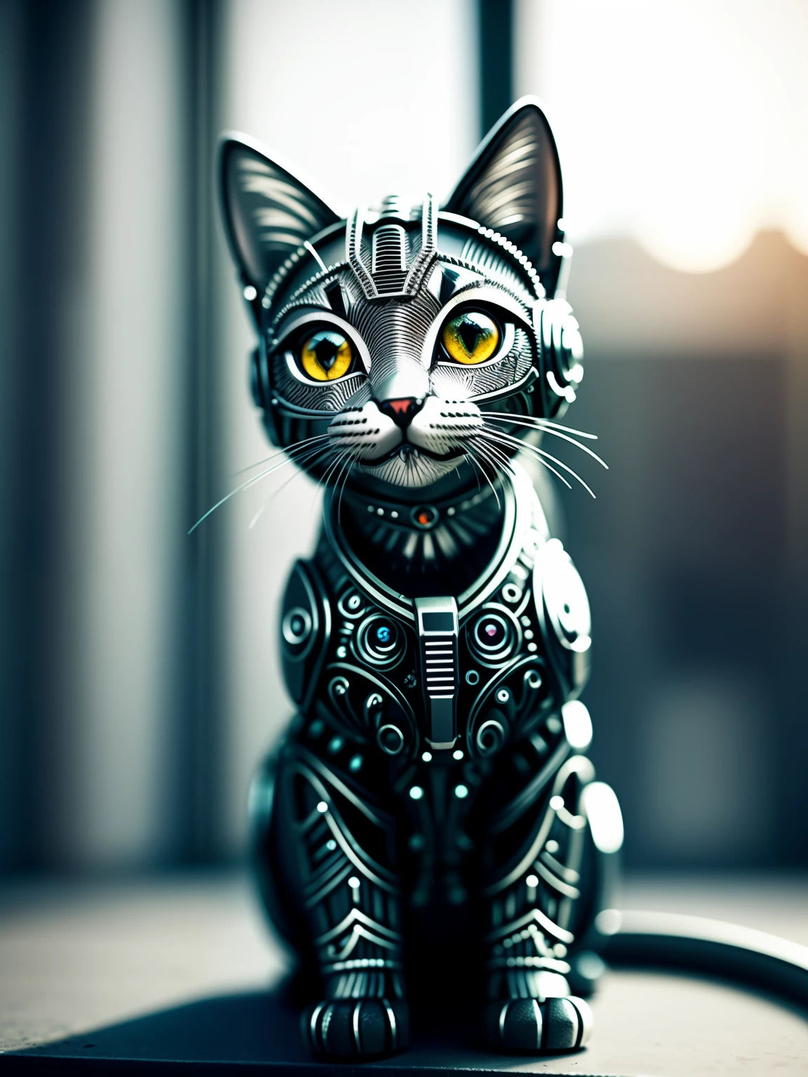 A cute kitten made of metal, (cyborg:1.1), ([tail|detailed wire]:1.3), (intricate detail), hdr, (intricate detail, hyperdetailed:1.2), cine footage, halo shadow, centered
