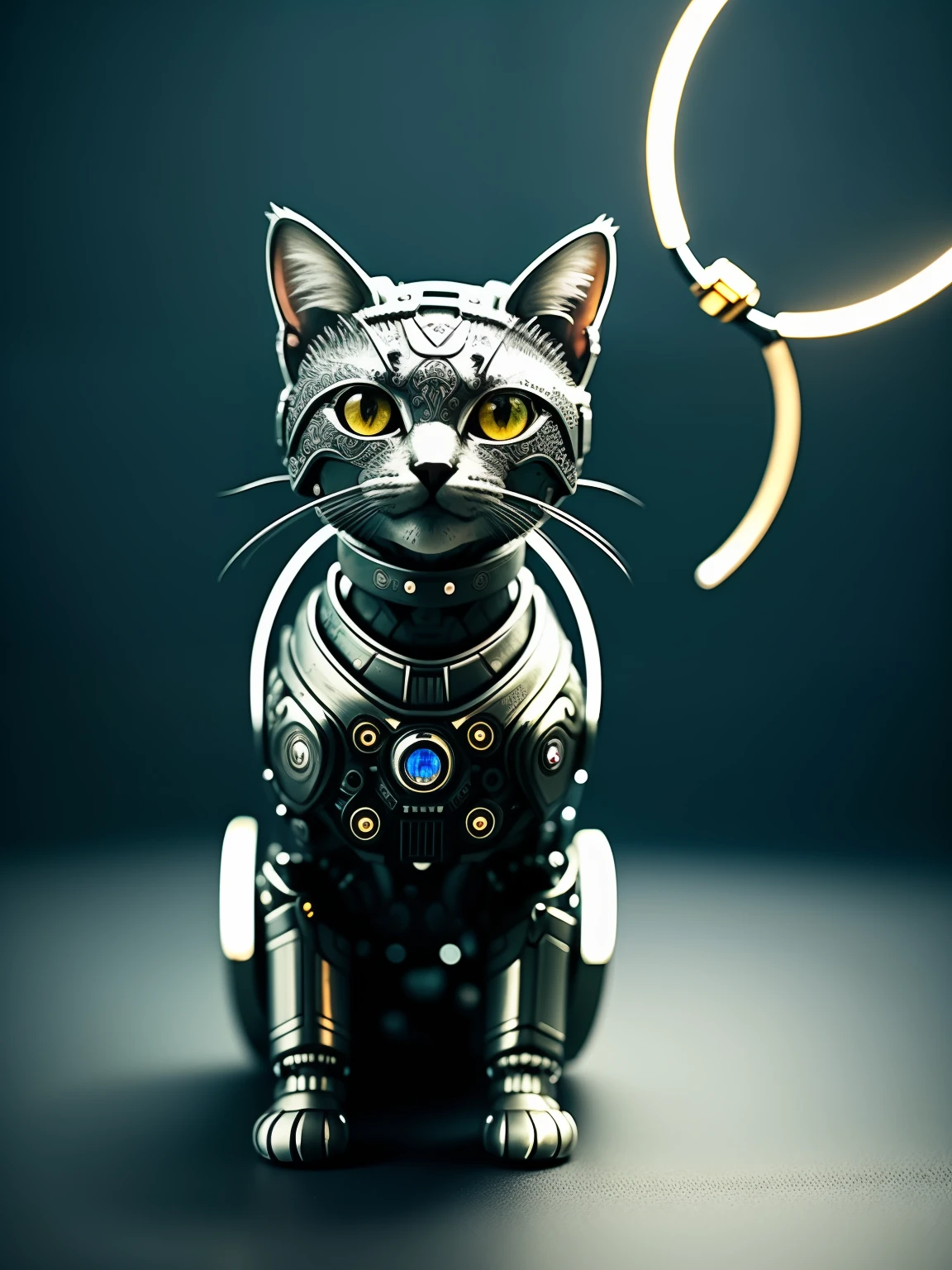 A cute kitten made of metal, (cyborg:1.1), ([tail|detailed wire]:1.3), (intricate detail), hdr, (intricate detail, hyperdetailed:1.2), cine footage, halo shadow, centered