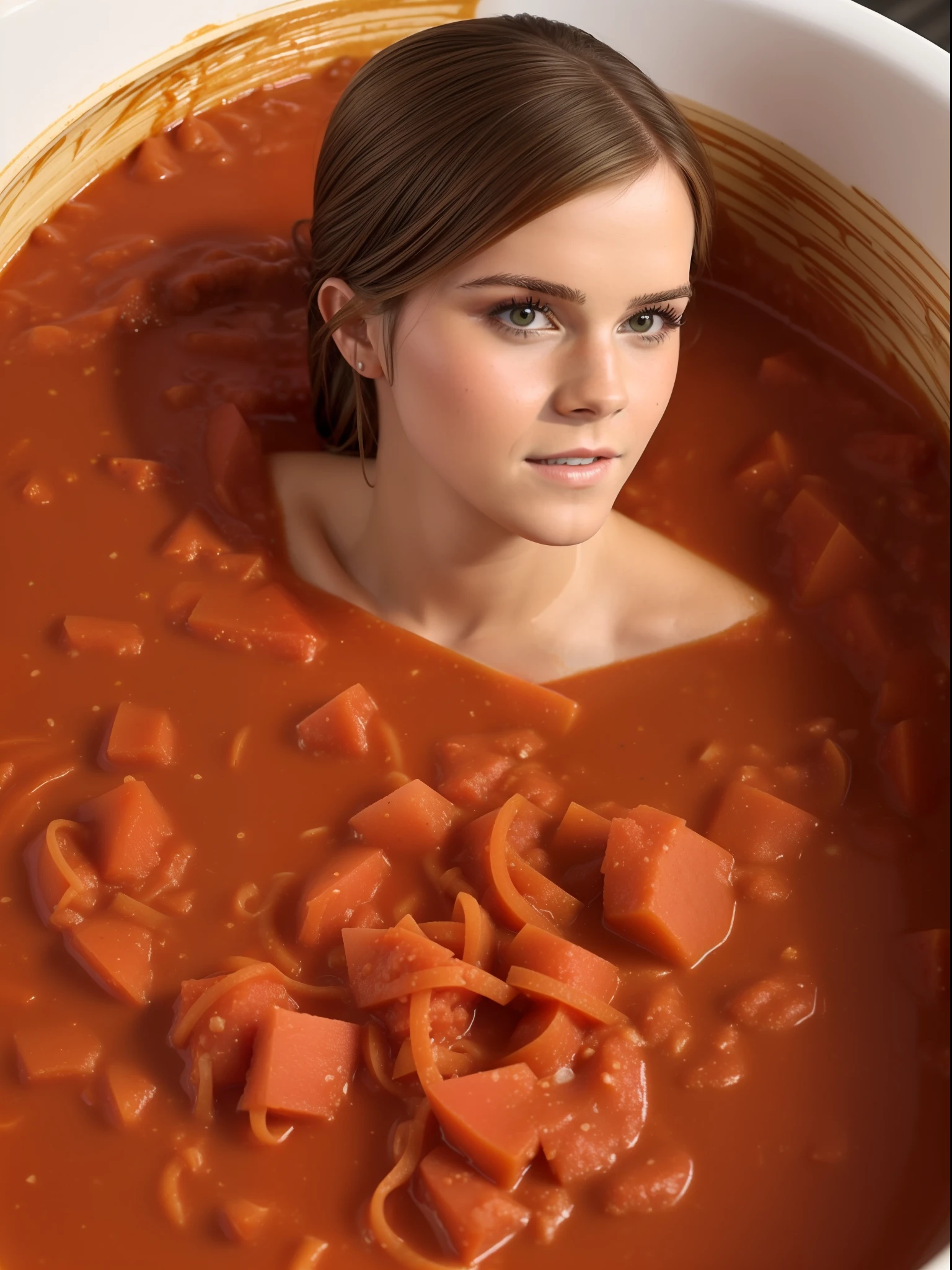((best qulaity, 8K, Meisterwerk: 1.3)), scharfer Fokus: 1.2, ((Emma Watson sitzt in einer Badewanne voller Spaghetti mit Tomatensauce: 1.4)), Schlanker Bauch: 1.2, (small and beautiful hard nipple) , ((Body and face full of tomato sauce: 1.1)), Hochdetaillierte Gesichts- und Hautstruktur, Spaltung,