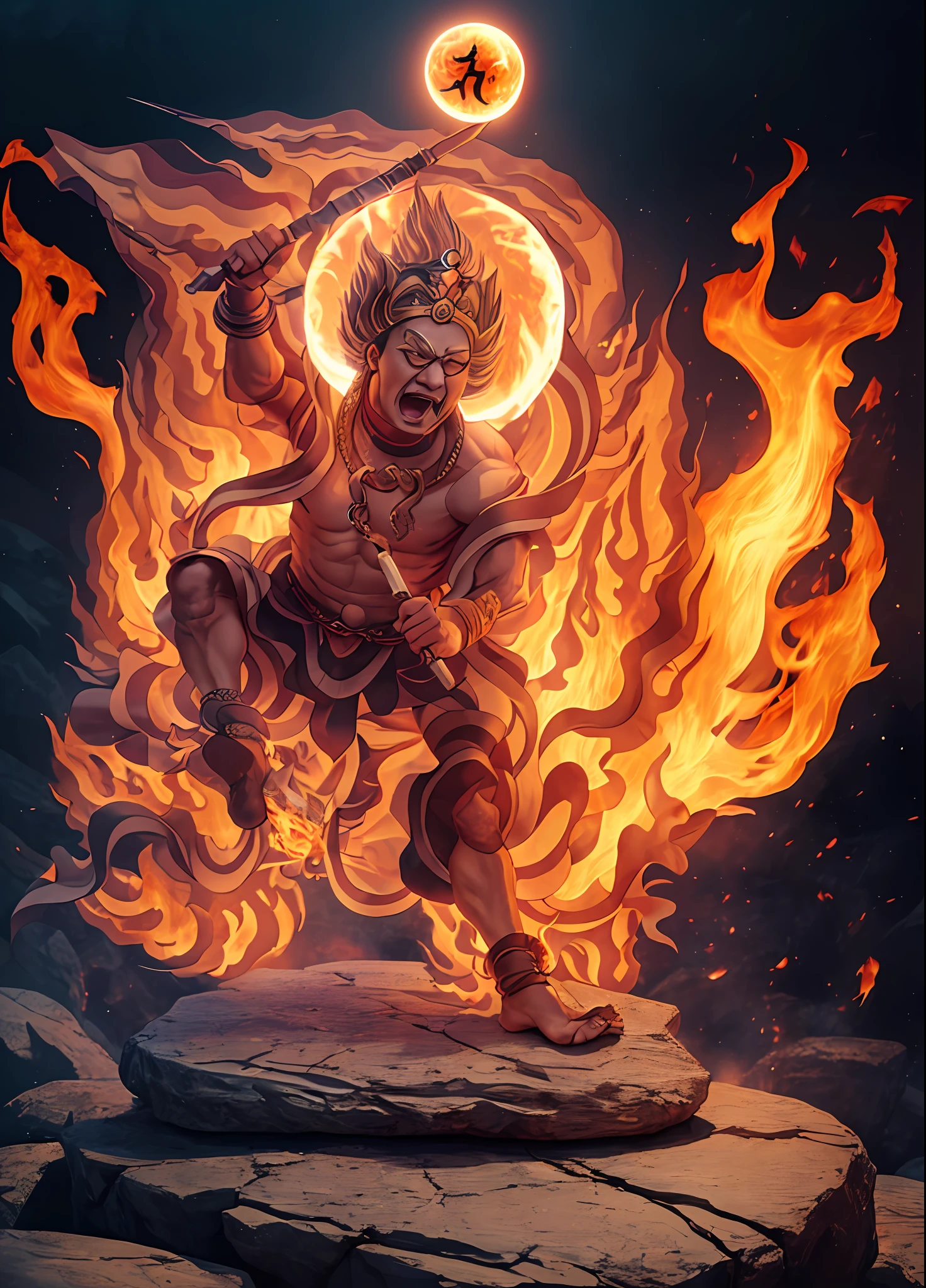 tmasterpiece,Extremely delicate,Tall and angry, Hercules King,Hold the single-stranded pestle in your hand,The body is huge,Hair stands on end,Glared angrily,Tiger teeth exposed,Shiny skin,jewelry,choker necklace,Yingluo,Pedras preciosas,The whole body is on fire,One foot on a rock,Head background with glowing circle,In addition to the role, The picture is all fire,Flames fill the picture,The fire burst into the sky,(tmasterpiece), best qualtiy, 超高分辨率,closeup cleavage, Colorful firelight, physically-based renderingt, cinmatic lighting, 复杂, high detal, dramatics, Photorealsitic
