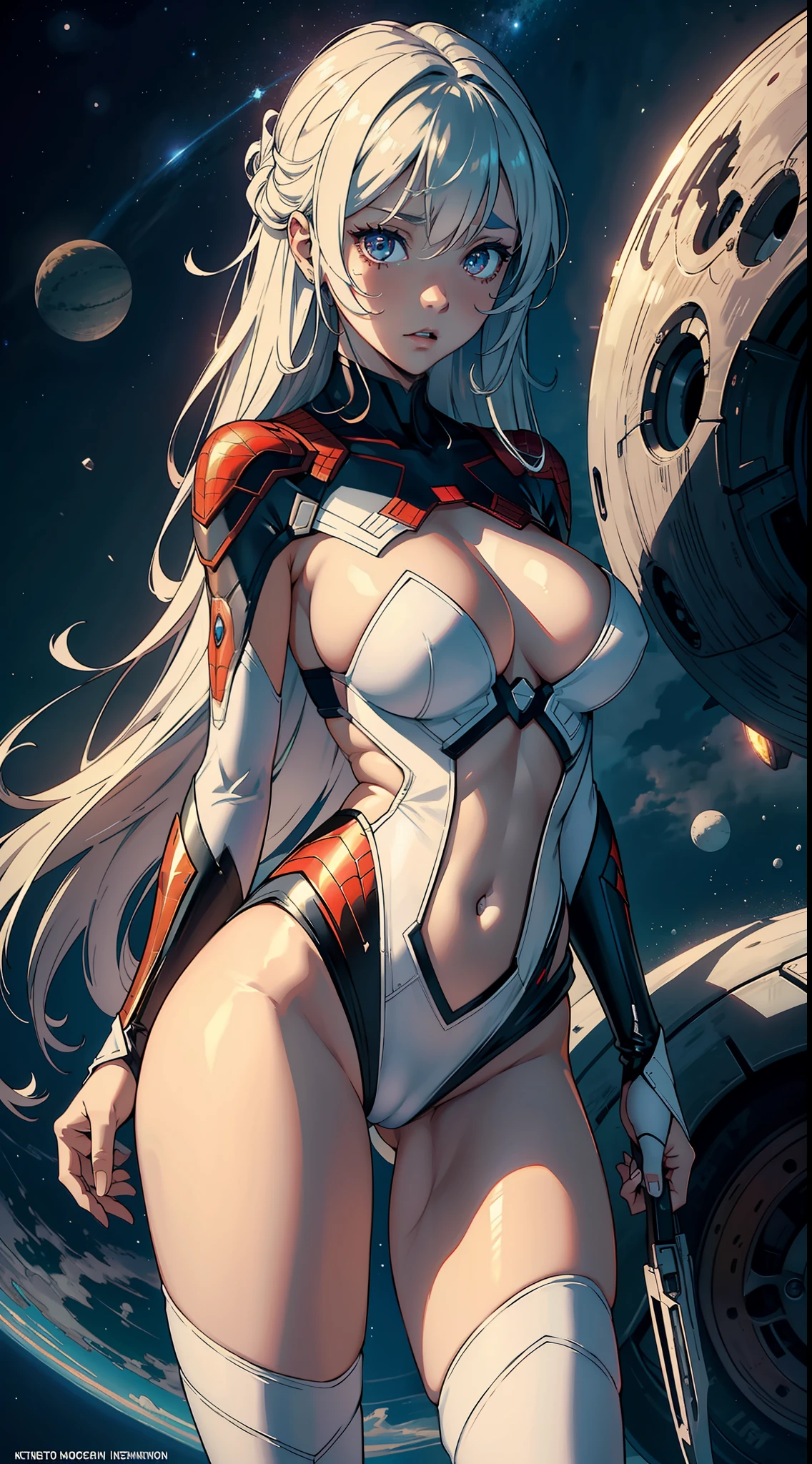 1female， old，Huge breasts， 独奏， Spidey，superman logo， space，White transparent court costume， Pornographic exposure，Exposure of bikinis，space ship，cyber punk perssonage，  She has long flowing hair， Bare genitalia， standing on your feet，Bigchest， From the front side， hair straight， mostly cloudy sky，（（（tmasterpiece），（Very detailed CG unity 8K wallpaper），best qualtiy，cinmatic lighting，detailed back ground，beatiful detailed eyes，Bright pupils，（Very fine and beautiful），（Beautiful and detailed eye description），ultra - detailed，tmasterpiece，）），facing at camera，A high resolution，ultra - detailed），，Very long hair，legs are open，Emotive expressions，Open-mouthed，Chest sagging，nakeness， Bulge，Expose the genitals，revealing breasts，Camel toes，with no underpants，extremely large bosom，Extremely colorful，Most detailed，fully body photo，The face is well lit