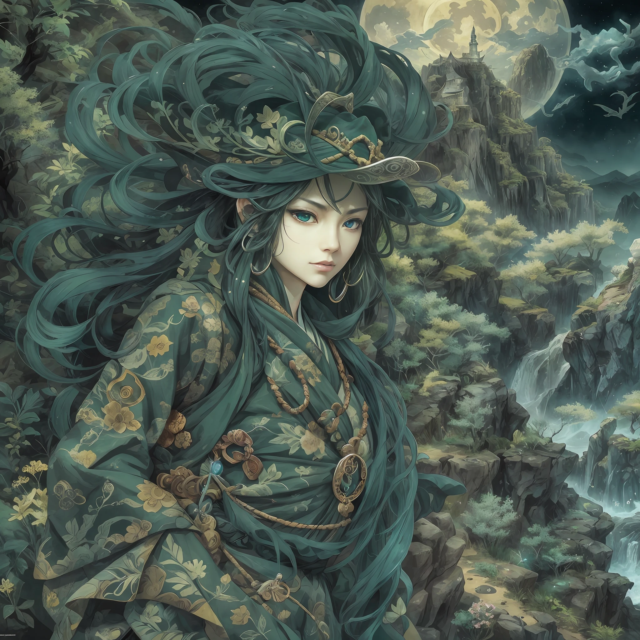 mystic ninja，Detailed face，Detailed eyes，Clear eyes，Gui Zen，Exotic beasts of mountains and seas，Dark green and black details, Loose and thick clothing covers the body，standing on cliff，Bask in the luxury of Yoshitaka Amano in the moonlight，fanciful，sci-fy，the complex background（full bodyesbian），((dynamicposes))，Colorful wallpapers，Highly detailed，Masterpiece，best qualtiy，art  stations