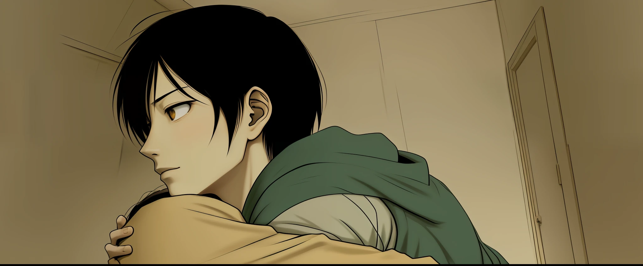Close-up of a person hugging a person in a room, Inspired by manga drawings by Ryusaburo Umehara, Tumblr, shin hanga, rei hiroe black lagoon manga, style of hajime isayama, yaoi, hajime isayama, baki style, baki, marton gyula kiss ( kimagu )
