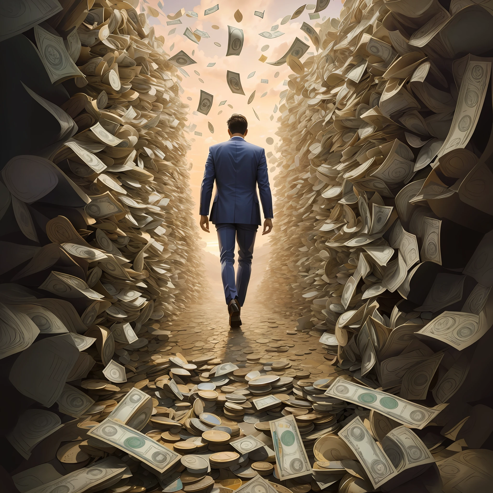 Image of a man in a suit walking through a money tunnel, obras de arte pagas, Directed by: Elias Ravanetti, um hiper realista, Directed by: Seb McKinnon, billions of details, rico em textura ), Arte Promocional, imagem realista verdadeira, Directed by: Harrington Mann, rico em detalhes, inspirado em Igor Morski, um ultra realista, arte ilustrativa