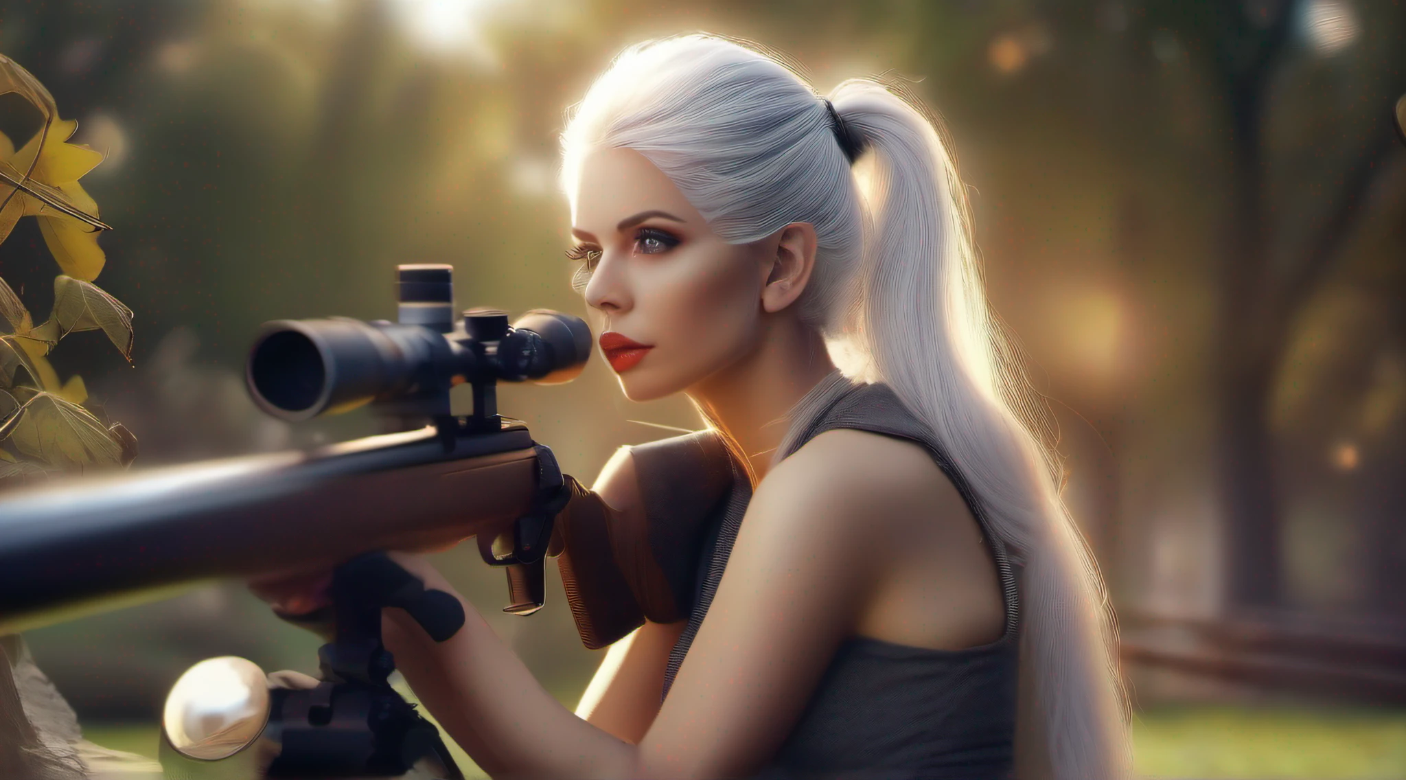 beautiful sniper girl , in the park, silver hair, split ponytail, Conceptual art, best photo shot, glowing light, realistic, UHD, textured skin, masterpiece, anatomically correct, best quality, 8k, full body,