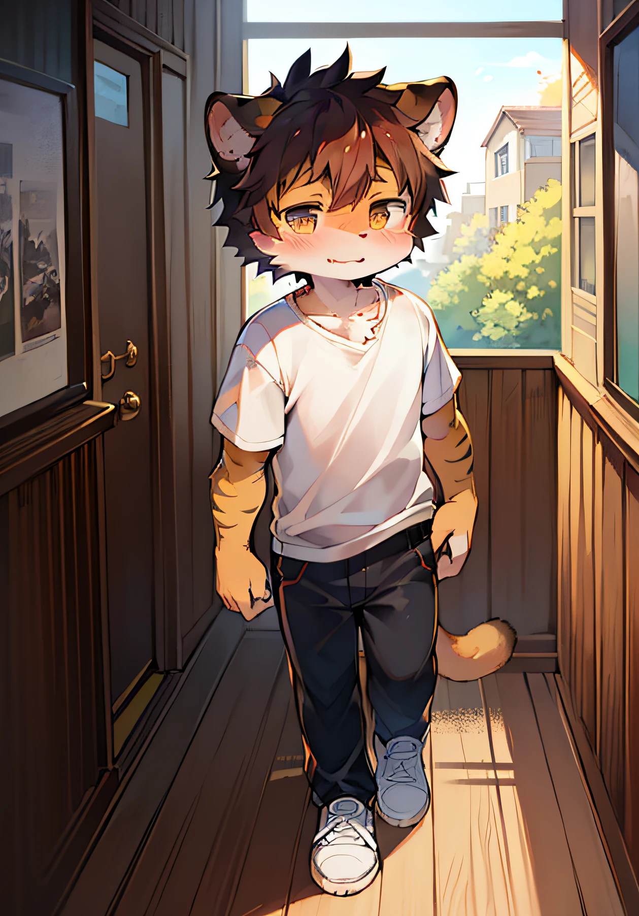 (ambiente dark:0.8),masterpiece,high quality,abstract res,digital painting\(artwork\), by dagasi, yupa,kiyosan,(anthro,fluffy fur,character focus:1.1),anthro male cat,short hair,portrait , eyes with brightness, in a panoramic view, Character focus.(detailedbackground:0.7), 独奏, shaggy, shaggy male, male people(interiors、tigre,Boy student,Cubs,Fluffy,largeeyes,Big head,Walk upright,Male,Boy,White T-shirt,Black pants,Telematics shoes,On the run,夏天,In the park,The whole body is fluffy,Cute face,1),No hair,wears glasses