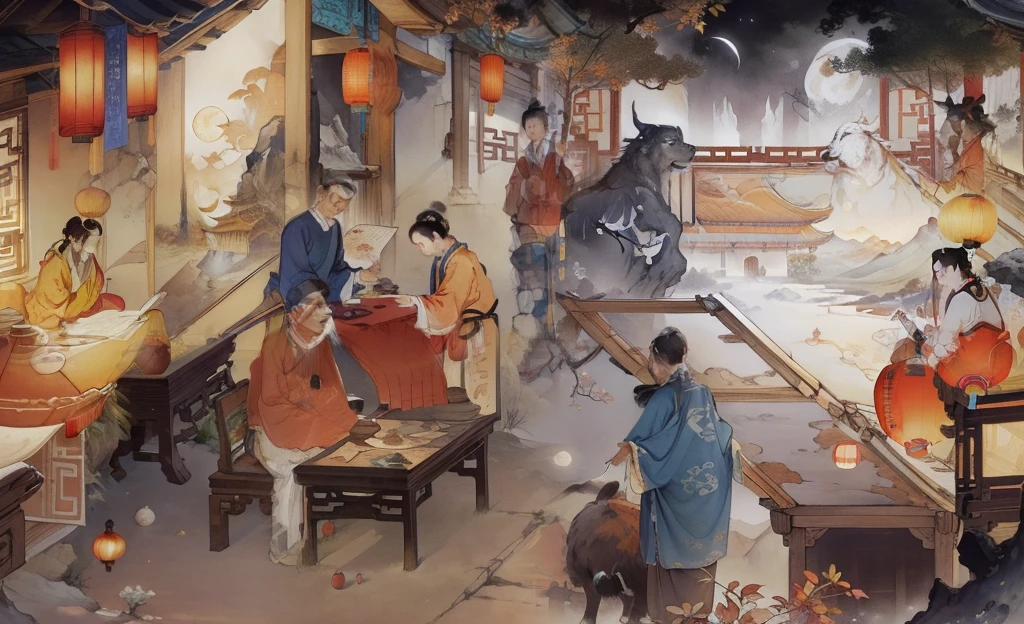 Ancient Chinese landscapes,Ancient buildings,Pavilions,Carved beams and paintings,enchanting scenery,Night,Moon light,Layered, Rich light and shadow,Mid-Autumn Festival, Ink painting style,clean color,Low-saturation colors,Colors of low brightness,Decisive cut,Leave white space,impressionistic,tmasterpiece,ultra - detailed,Epic composition, HighestQuali,hyper realisitc,Art germ --v 6