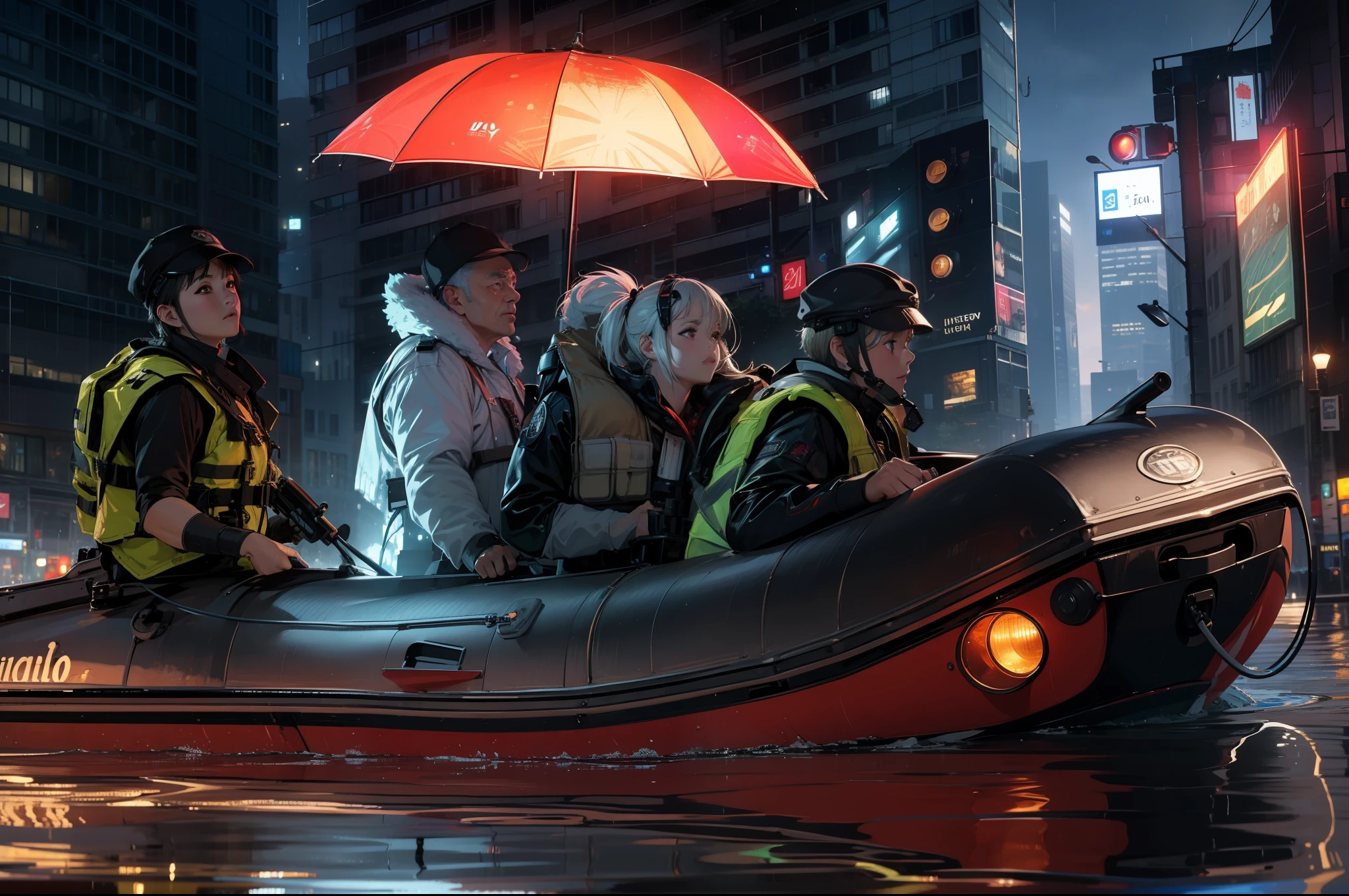 (Best quality),(Masterpiece),High details,extremely_Detailed_CG_Unity_8K_the wallpaper,((Amazing perspective:1.2)), On flooded streets,Several men in life jackets and white-haired old men holding blue umbrellas in lifeboats, Special, Lifeboats in the river, lifeboat,emergency,from side,outdoor,city,street,evening,heavy rain,street lamp,traffic light,neon light,desolate,skyscraper,