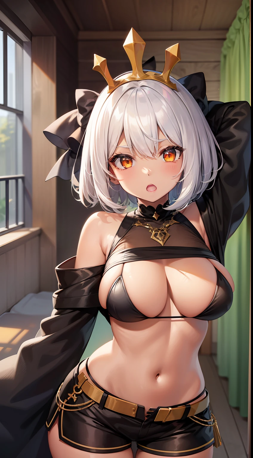 Young black girl, black skin, white colored hair, Bob hairstyle, Orange Eyes, Green rich top, Sleeveless, pantyhouse, crown, Shorts, open breasts, anger, Masterpiece, hiquality