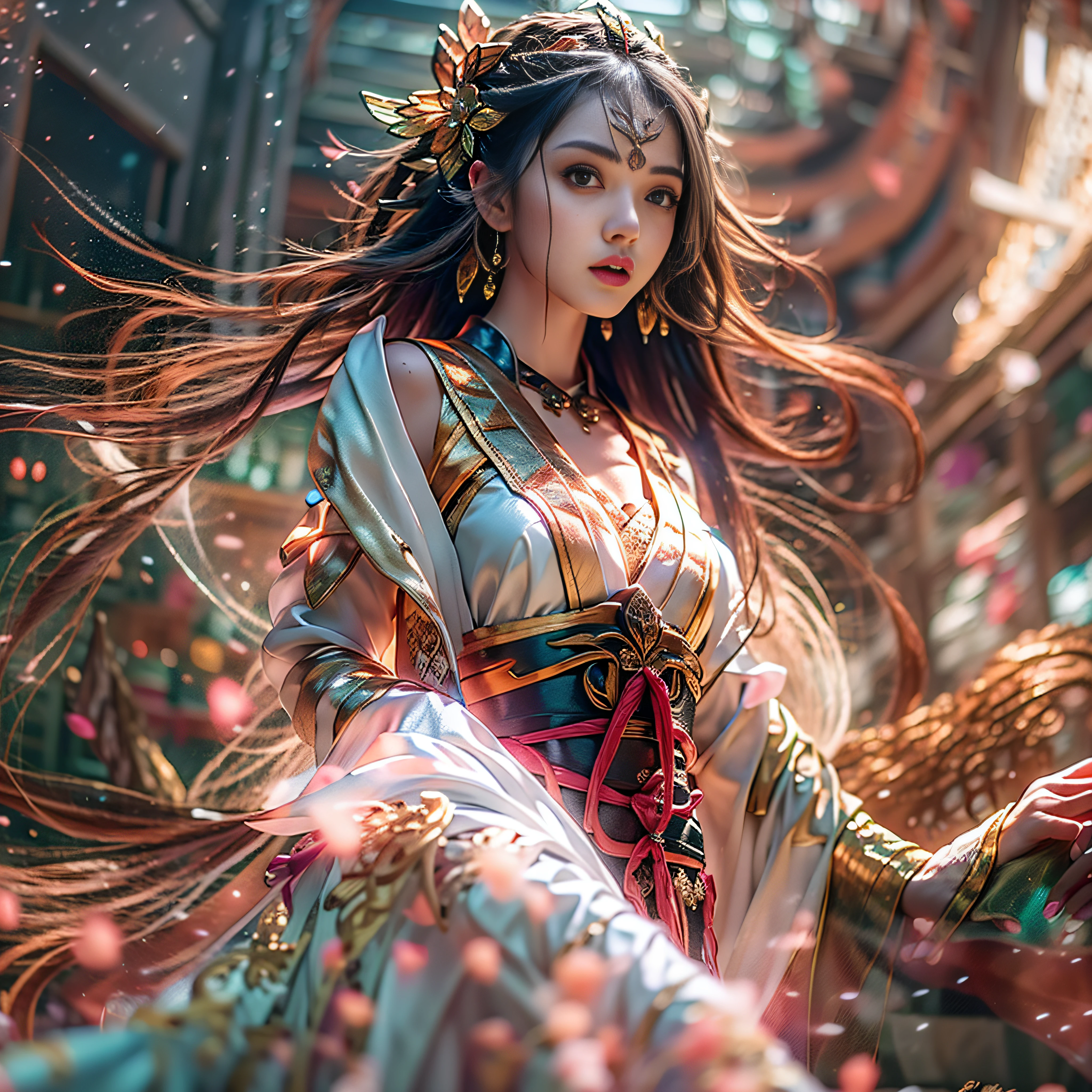 ighly detailed，tmasterpiece，Hyper High Detail，Beautiful and cool girls，dynamic angle，World Mastery Theater，Long messy hair，best qualtiy，Highly detailed CG Unity 8k wallpaper，inky，astounding，电影灯光，Lens Flare Glow，ighly detailed，tmasterpiece，Hyper High Detail，8K、realisitic、Hair that flutters in the wind、Clothes fluttering in the wind、Costumes fluttering in the wind、Full body composition