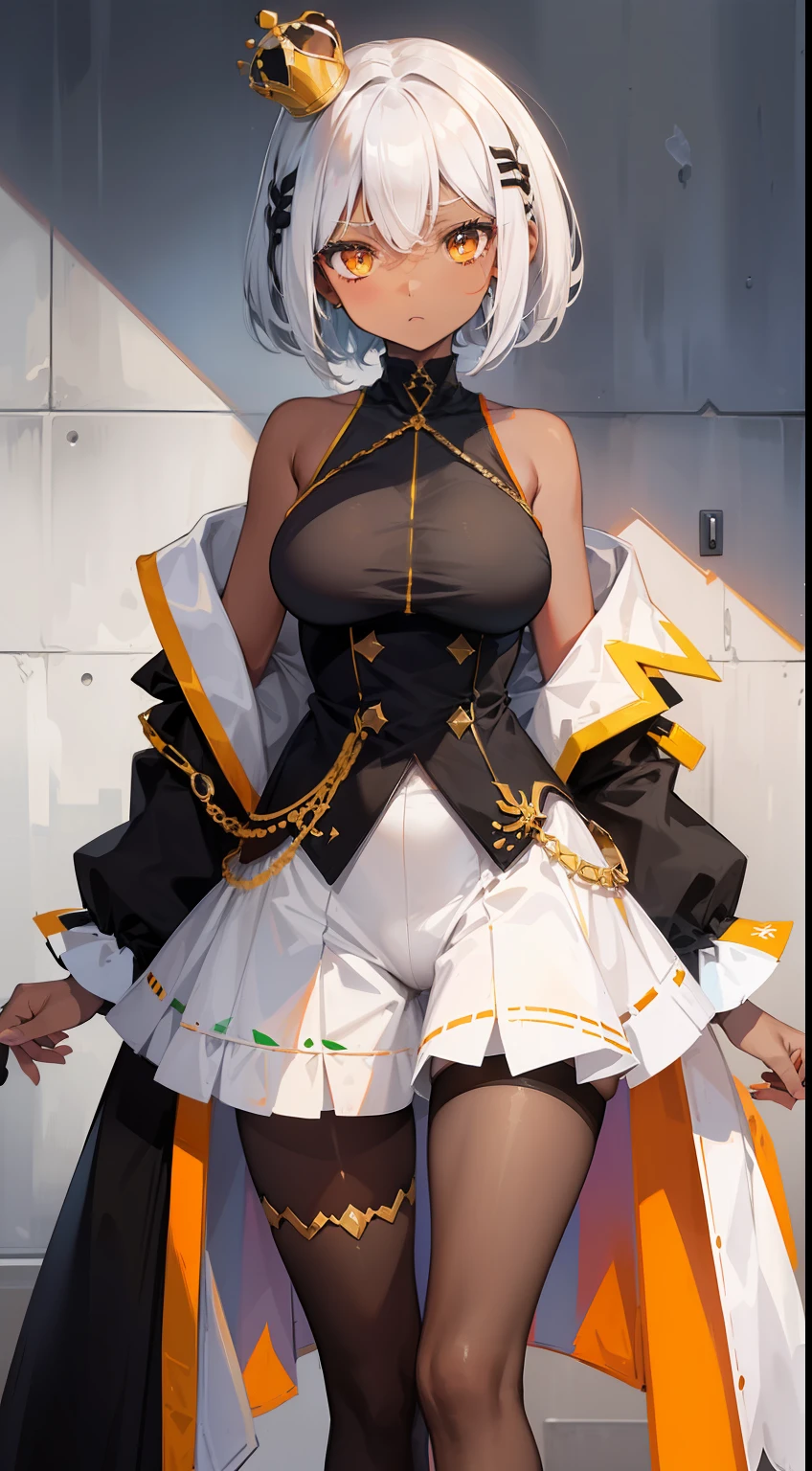 Young black girl, black skin, white colored hair, Bob hairstyle, Orange Eyes, Green rich top, Sleeveless, pantyhouse, crown, Shorts, open breasts, anger, Masterpiece, hiquality