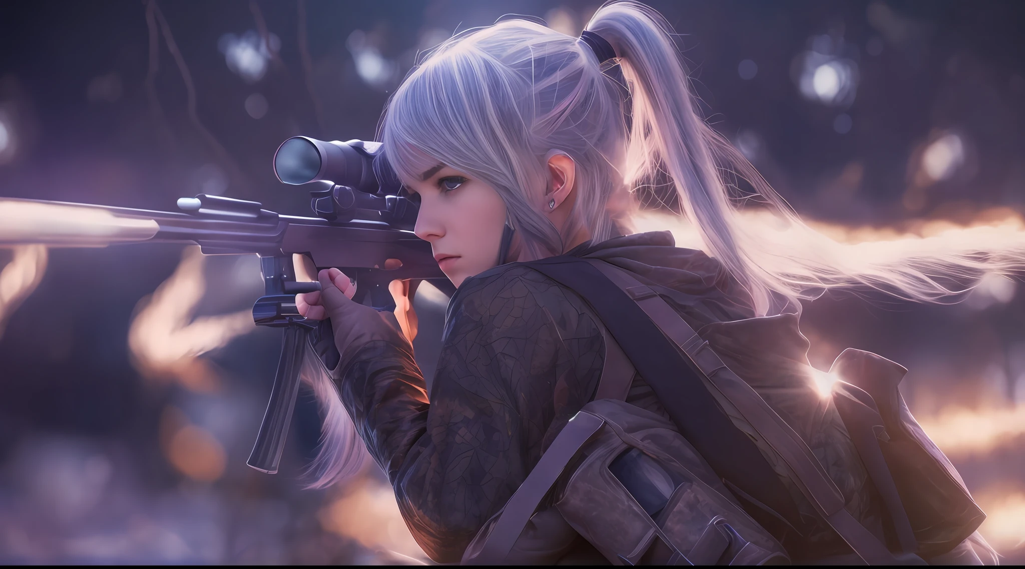 beautiful sniper girl , in the park, silver hair, split ponytail, Conceptual art, best photo shot, glowing light, realistic, UHD, textured skin, masterpiece, anatomically correct, best quality, 8k, full body,