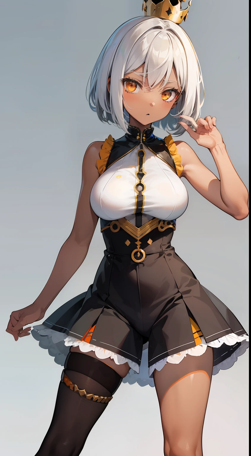 Young black girl, black skin, white colored hair, Bob hairstyle, Orange Eyes, Green rich top, Sleeveless, pantyhouse, crown, Shorts, open breasts, anger, Masterpiece, hiquality