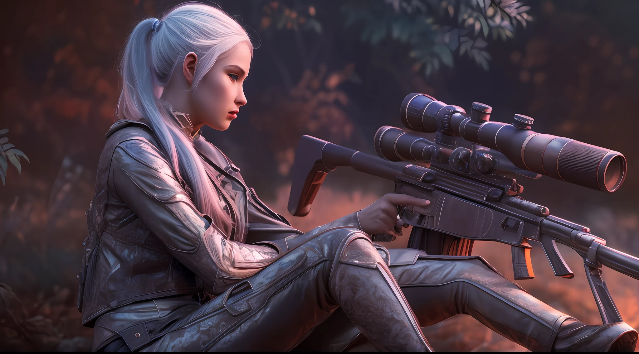 beautiful sniper girl , in the park, silver hair, split ponytail, Conceptual art, best photo shot, glowing light, realistic, UHD, textured skin, masterpiece, anatomically correct, best quality, 8k, full body,