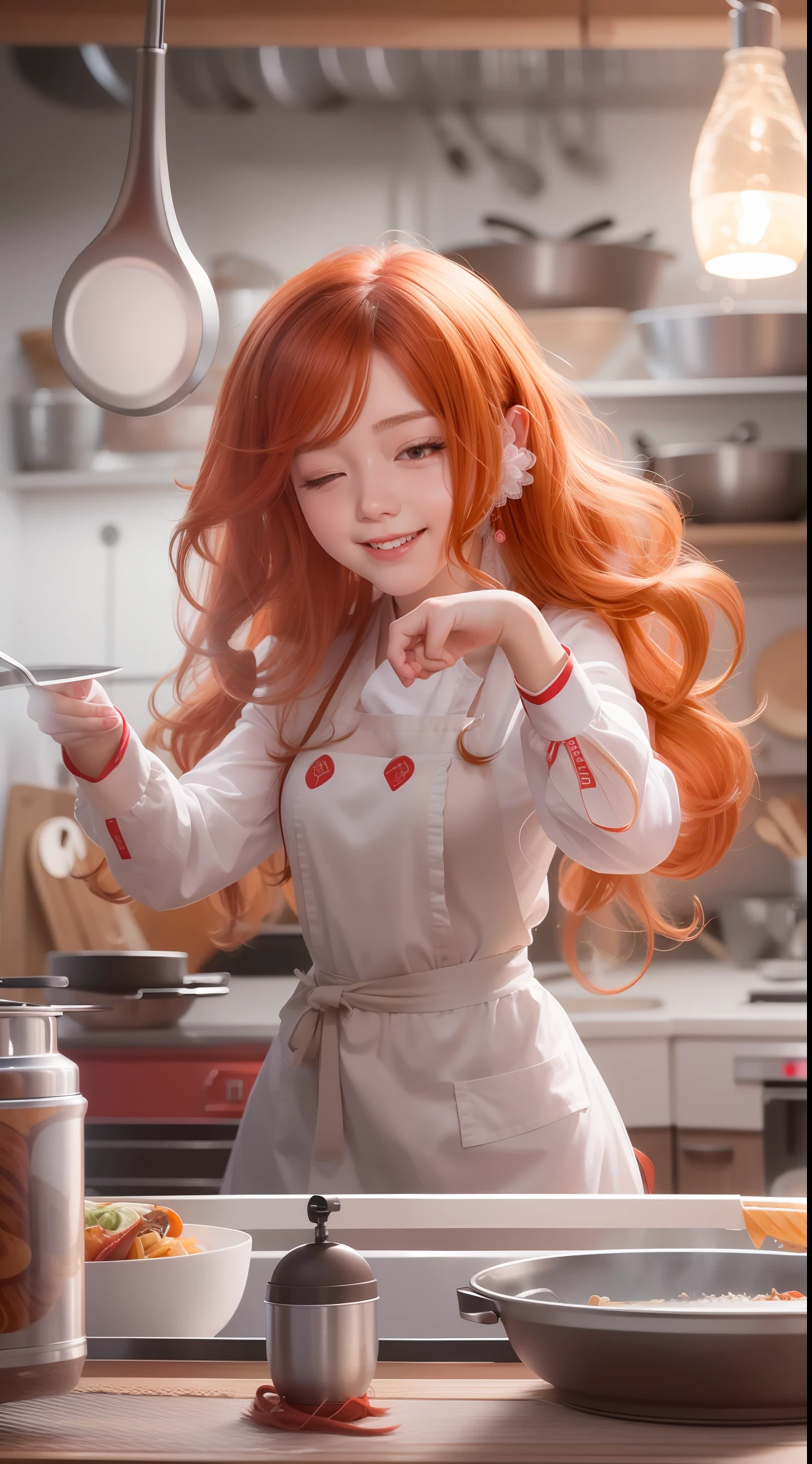 Unified 8K Ultra HD quality CG wallpaper，Girl cooking in the kitchen，Long red and white wavy hair，ssmile，Keep one's mouth shut，blissful