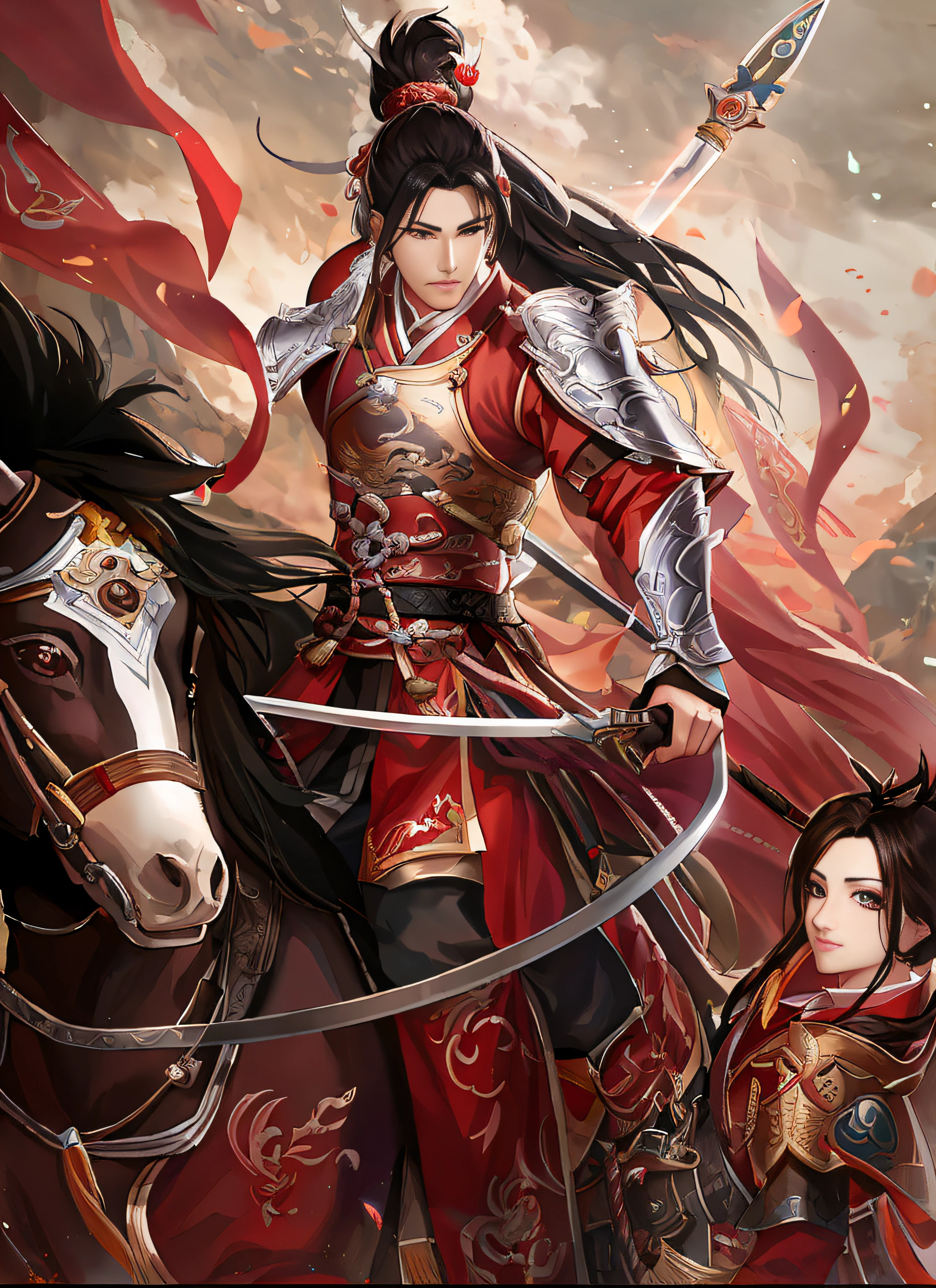 a close up of a person on a horse with a sword, Sword Warrior Love 3,jx3,gaming character,Game poster,Wuxia game character, by Yang J, Chinese Warrior, G Liulian art style, author:Qu Leilei, xianxia hero, bian lian, Dynasty warriors, author:Wang Yi, author:Julian, inspired by Li Kan, Yang Qi, Male Warrior, Game CG, author:Yang Borun