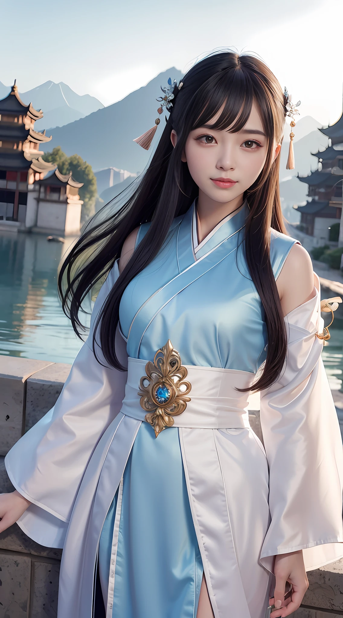 close up on face， Ultra-fine face，femele， China-style， Ancient wind，Hanfu， long whitr hair， delicated， ellegance， opulent， ellegance， ssmile， Ribbons，cinmatic lighting，  hyper HD， A high resolution， best qualtiy， 4K， high detal， high qulity， super detailing， ??????? correct， tmasterpiece， ccurate，mountain water，Mountains and mountains，Chao yang，Fly