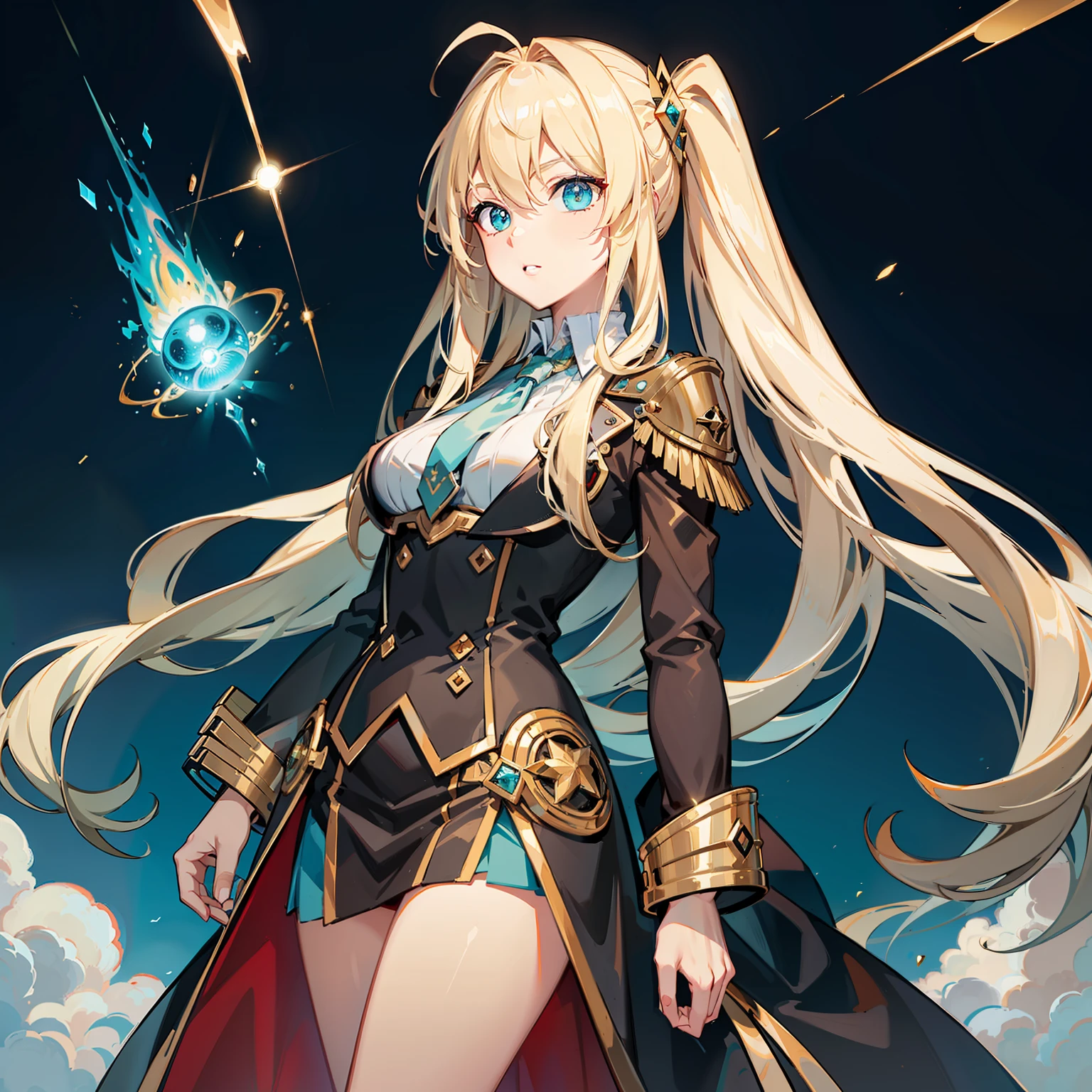 Masterpiece-level picture quality，Best quality，Female figure，Long blonde hair，tailcoat，Turquoise eyes，Metal products，Electromagnetic pulse cannon，Metal levitation eye，Starship