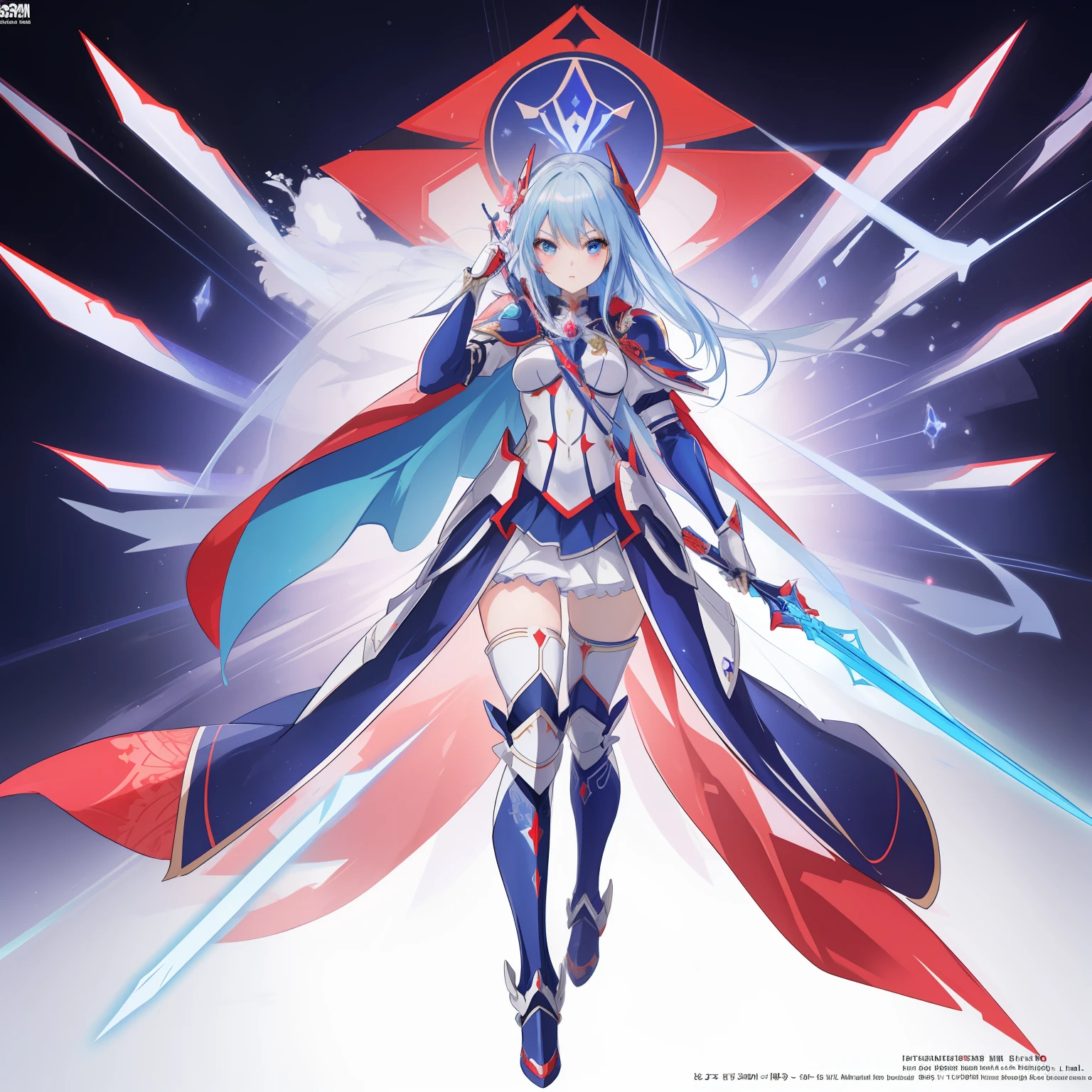 Full body shot,Solo,1character,Perfect detailed face,symmetry face,2D Anime,Anime Character,Concept art,(absurderes,hight resolution,intricate-detail),epicd,hyper quality,Idol girl,kawaii,Magic sword in hand,Red and blue armor,Futuristic space armor,Galaxy Cape,White background