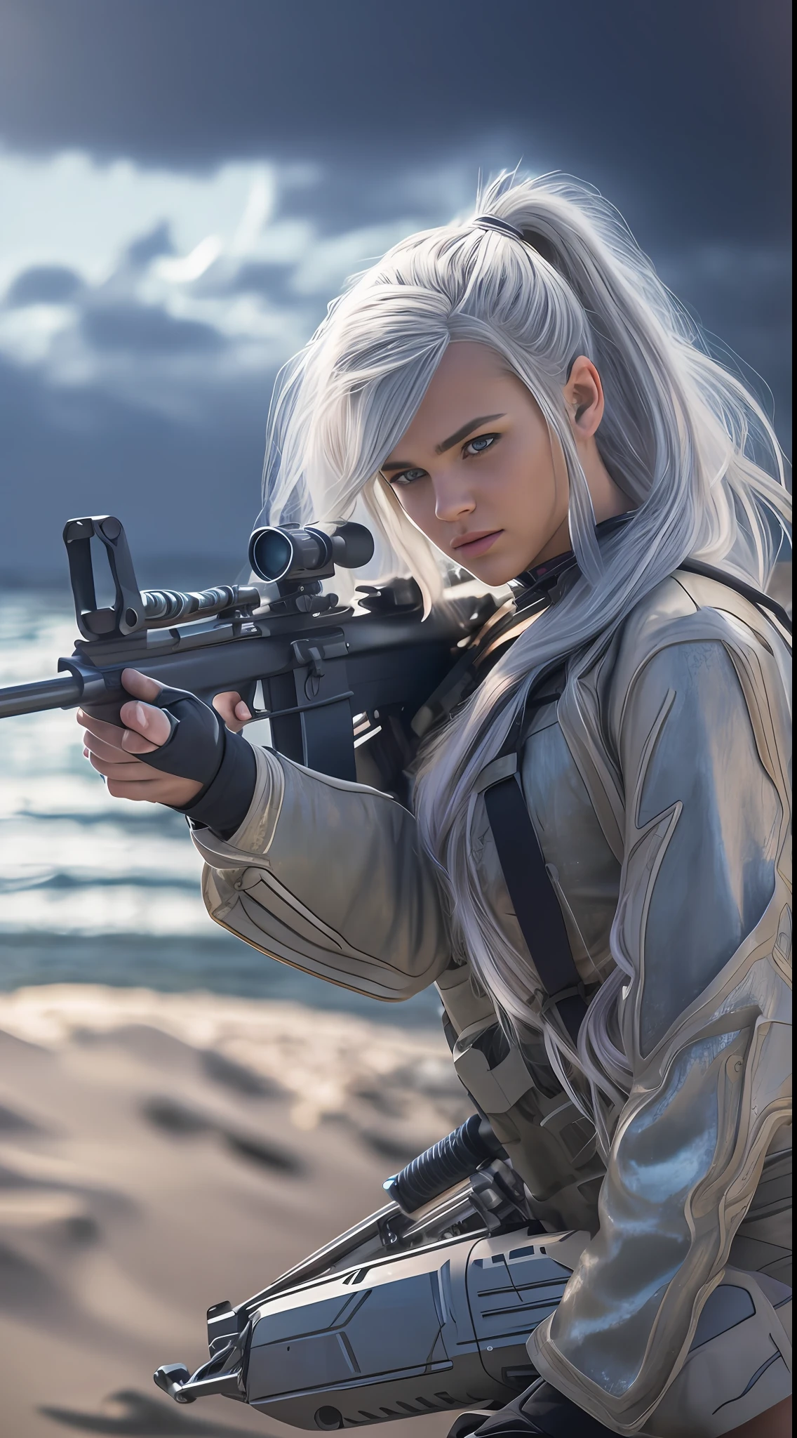 beautiful sniper girl , on the beach, silver hair, split ponytail, Conceptual art, best photo shot, glowing light, realistic, UHD, textured skin, masterpiece, anatomically correct, best quality, 8k, full body,