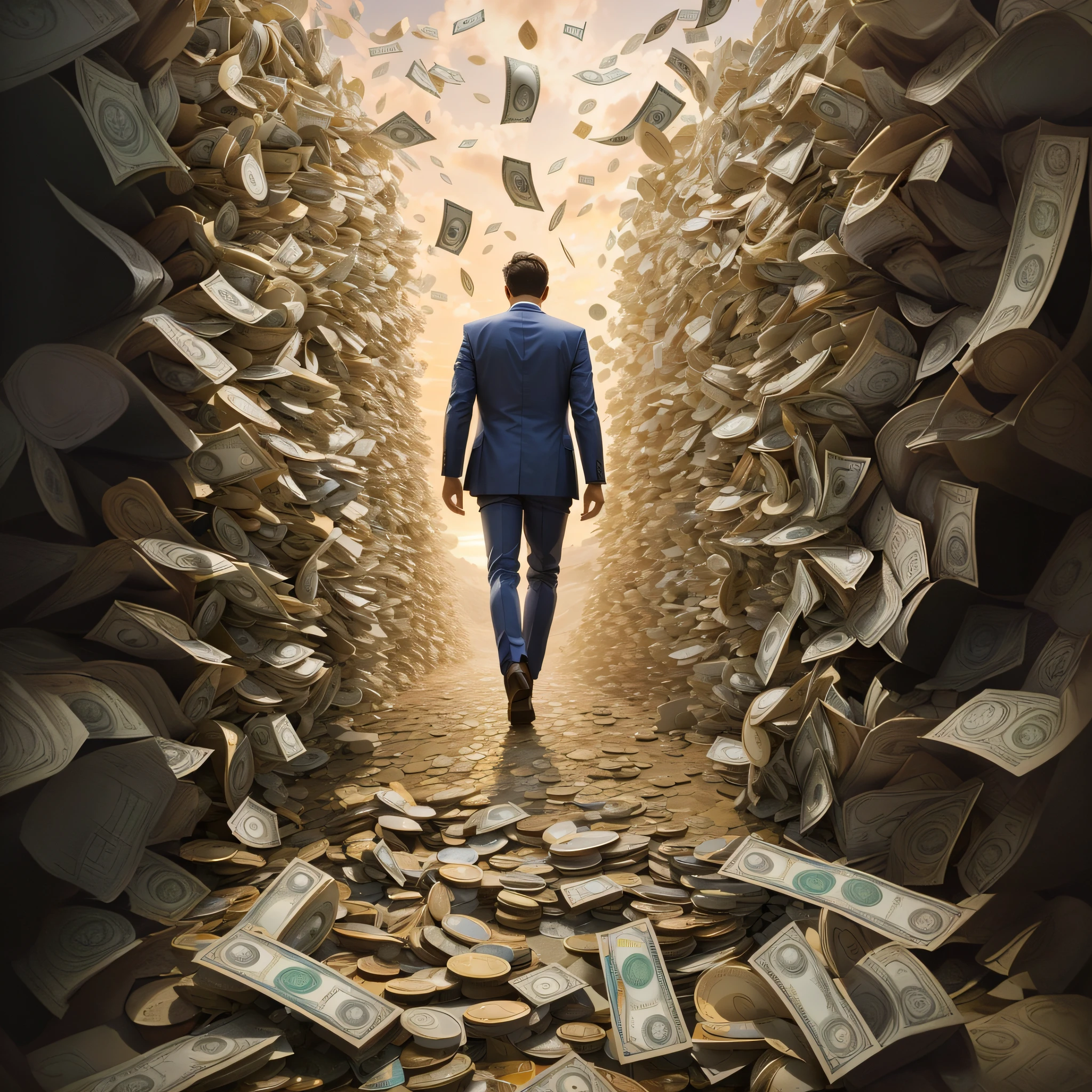 Image of a man in a suit walking through a money tunnel, obras de arte pagas, Directed by: Elias Ravanetti, um hiper realista, Directed by: Seb McKinnon, billions of details, rico em textura ), Arte Promocional, imagem realista verdadeira, Directed by: Harrington Mann, rico em detalhes, inspirado em Igor Morski, um ultra realista, arte ilustrativa