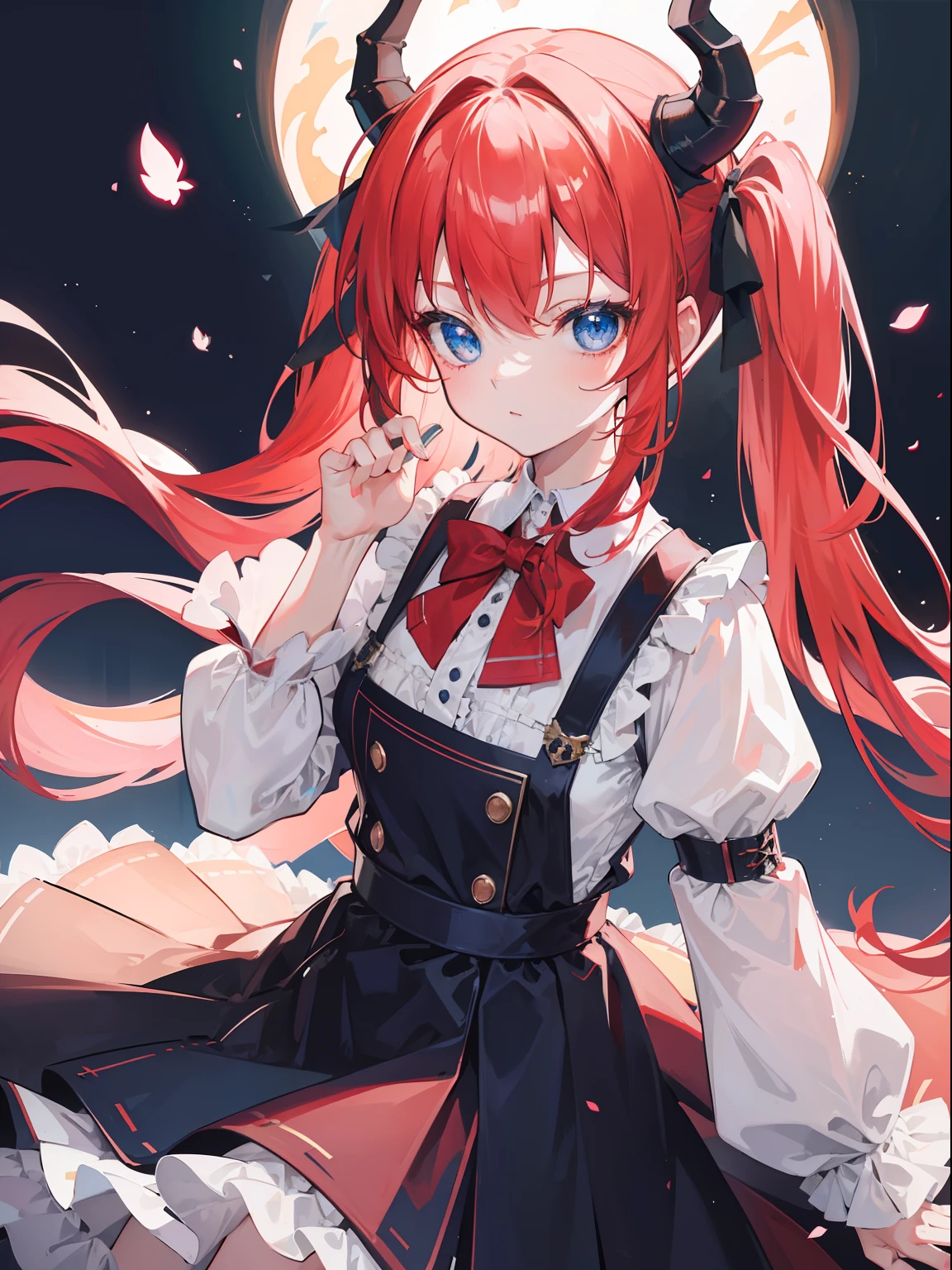 {{best quality}}, {{masterpiece}}, {{ultra-detailed}}, {illustration}, {detailed light}, red hair,blue eyes,twintails,lolita,Suspenders skirt,Fantastic,loli,solo,Dragon horns,little girl,long hair