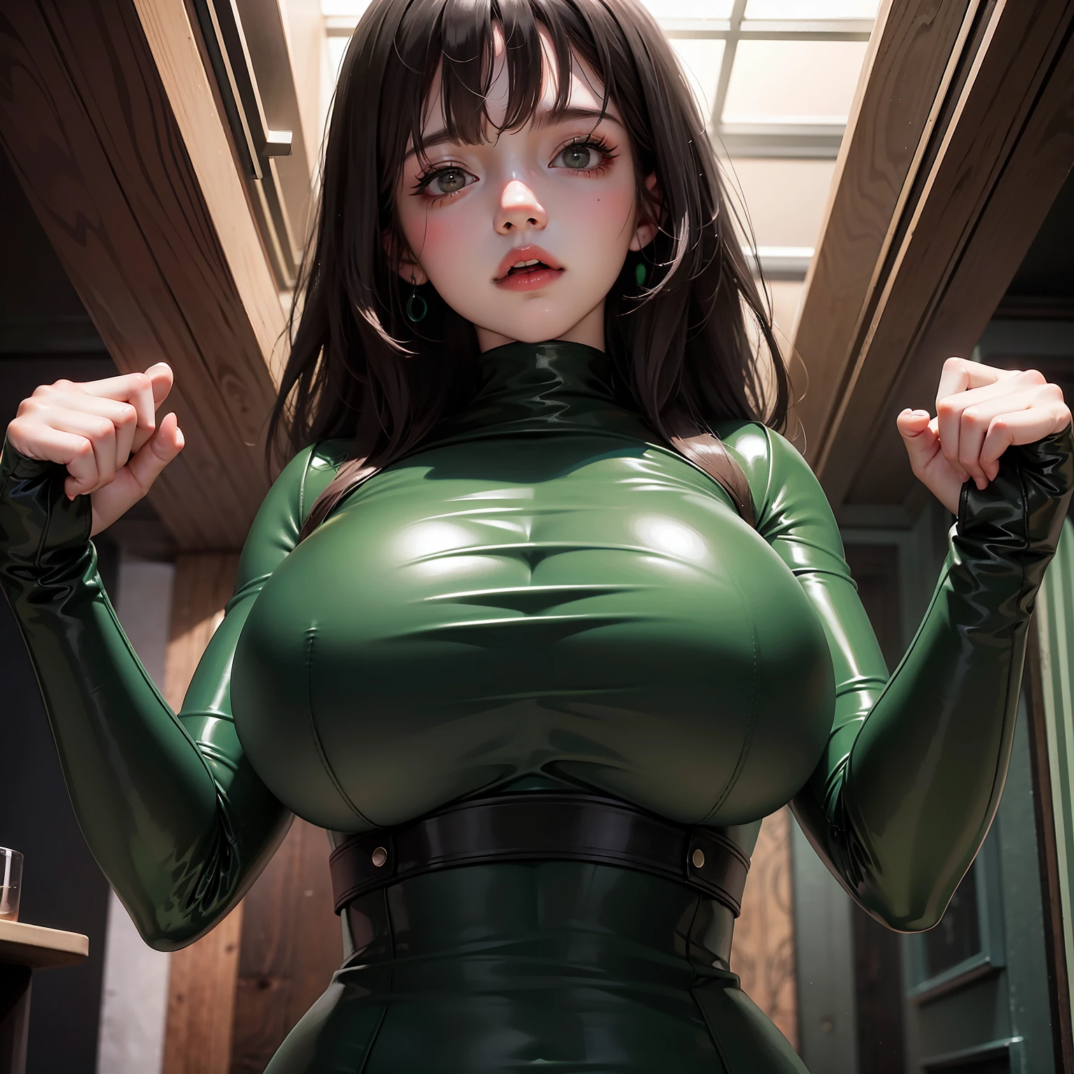 From below，Woman in dark green tight latex clothes，byself，Stand up，Hands were hoisted，（（gigantic cleavage breasts）），Huge stacked breasts，（Surreal breasts ）（（Extremely full breasts）），（（Super large）），Big breasts Thin waist，（（（Extremely large breasts））），worried expression，seductiv