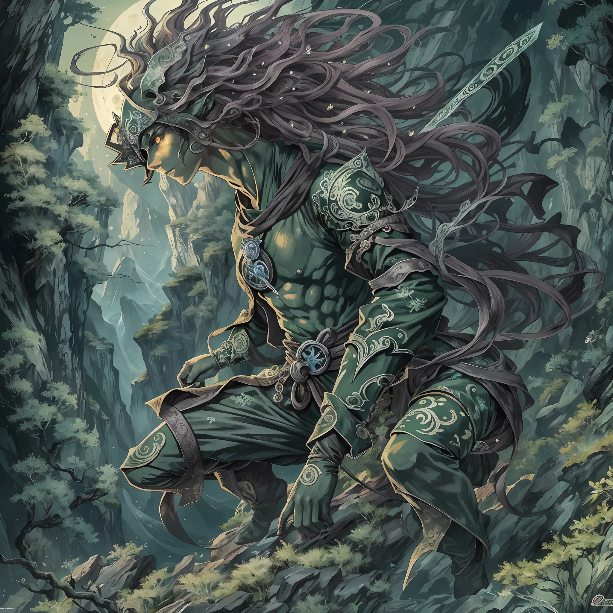 mystic ninja，Detailed face，Detailed eyes，Clear eyes，Gui Zen，Exotic beasts of mountains and seas，Dark green and black details, Loose and thick clothing covers the body，standing on cliff，Bask in the luxury of Yoshitaka Amano in the moonlight，fanciful，sci-fy，the complex background（full bodyesbian），((dynamicposes))，Colorful wallpapers，Highly detailed，Masterpiece，best qualtiy，art  stations