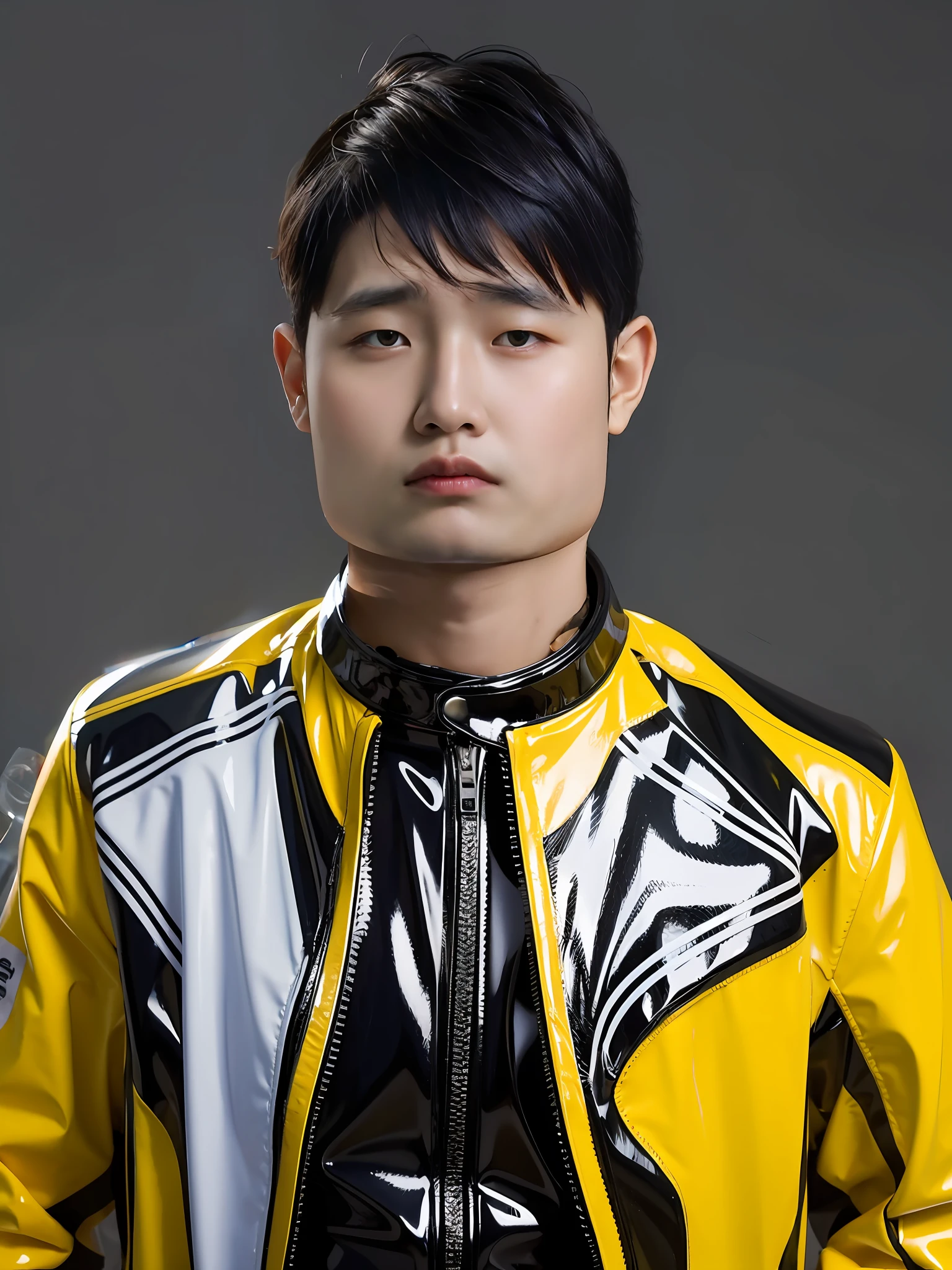A Chinese male high school student,Wearing PVC colored motorcycle suits