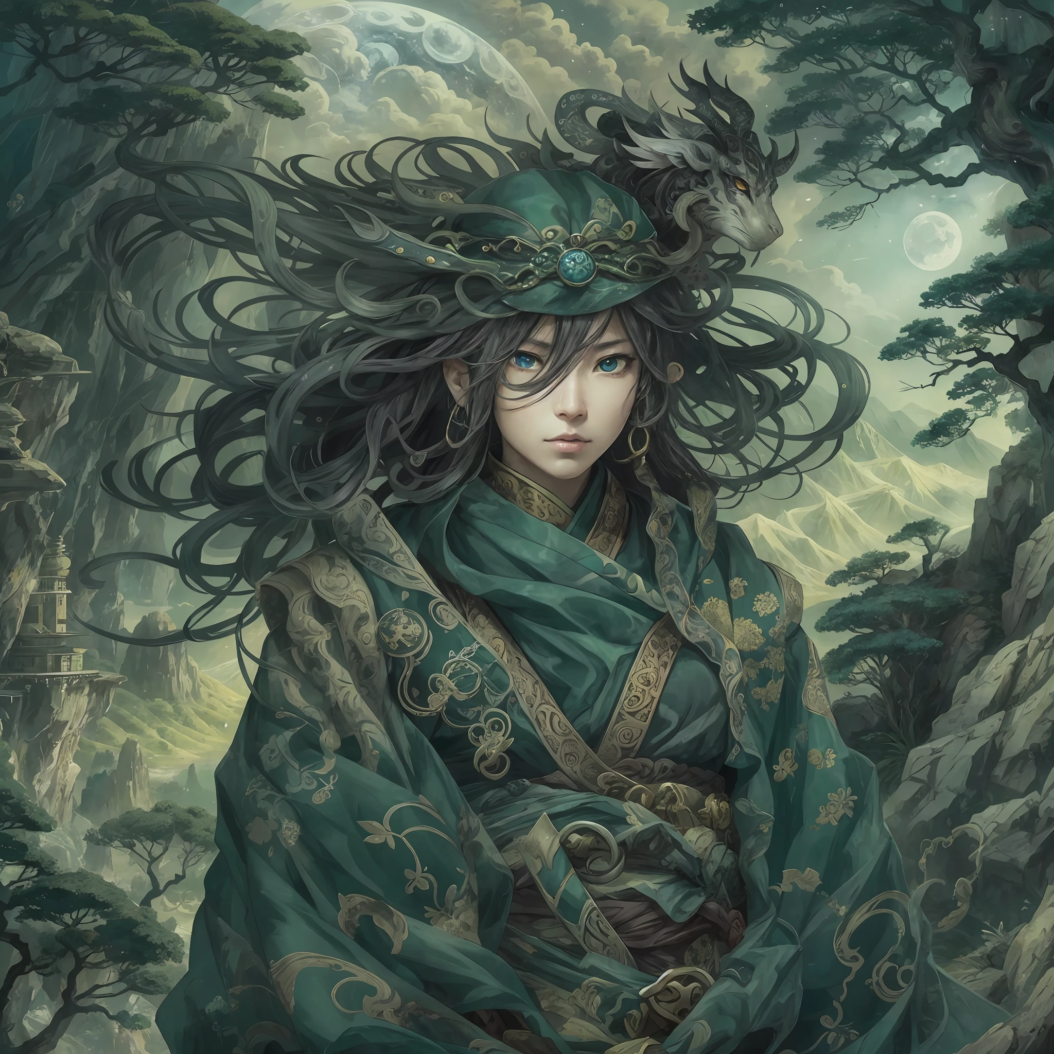 mystic ninja，Detailed face，Detailed eyes，Clear eyes，Gui Zen，Exotic beasts of mountains and seas，Dark green and black details, Loose and thick clothing covers the body，standing on cliff，Bask in the luxury of Yoshitaka Amano in the moonlight，fanciful，sci-fy，the complex background（full bodyesbian），((dynamicposes))，Colorful wallpapers，Highly detailed，Masterpiece，best qualtiy，art  stations