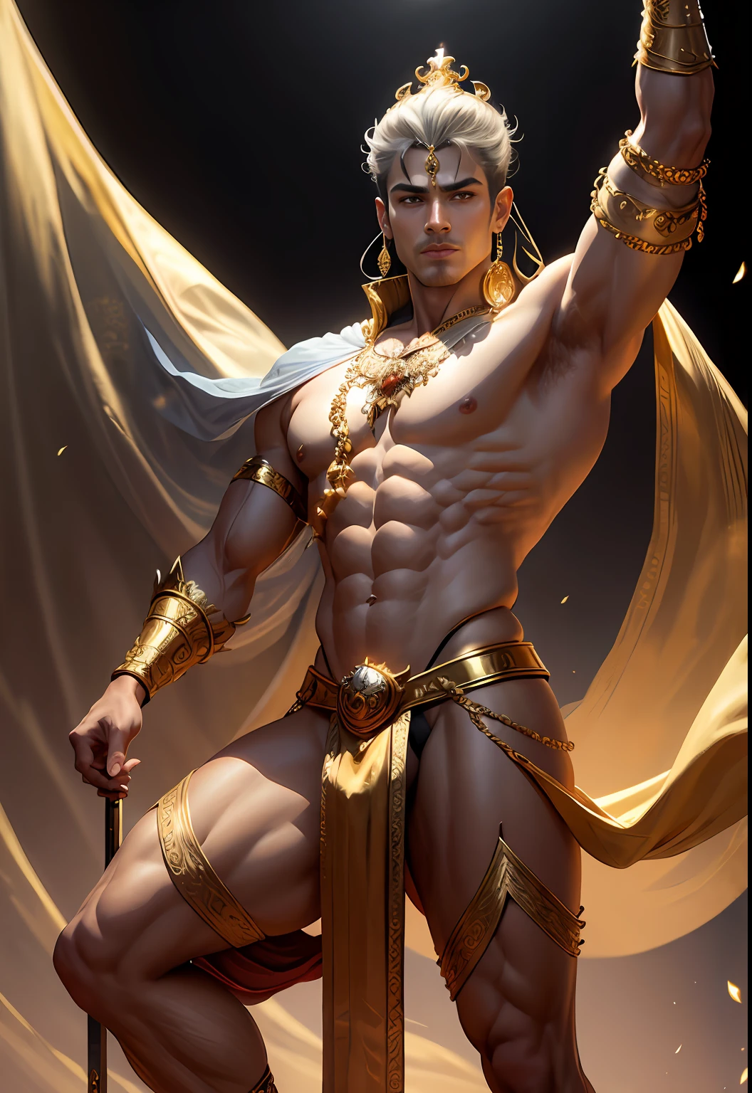 God Indra, masculine, handsome, crown on head, gold ornaments, standing in his palace, hands on thighs, silks draped around his torso, slight smile, robust, sinewy muscles, sword , naked dancers dancing in the background, front view, full body, graceful, realistic, light effects, by Boris Vallejo, Frank frazetta, Louis royo