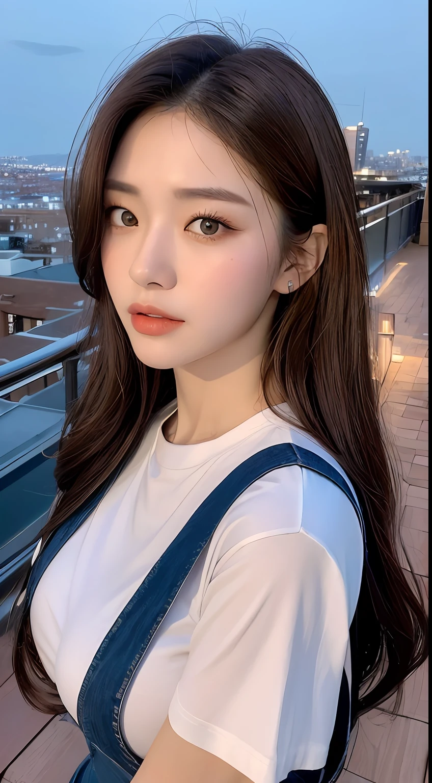 ((Midnight, Best quality, 8k, Masterpiece :1.3)), Whole body, Long legs, Sharp focus :1.2, A pretty woman with perfect figure :1.4, Slender abs :1.1, ((Dark brown hair, Big breasts :1.2)), (White tight tshirt, Jean bib, Standing:1.2), ((Night city view, Rooftop:1.3)), Highly detailed face and skin texture, Detailed eyes, Double eyelid