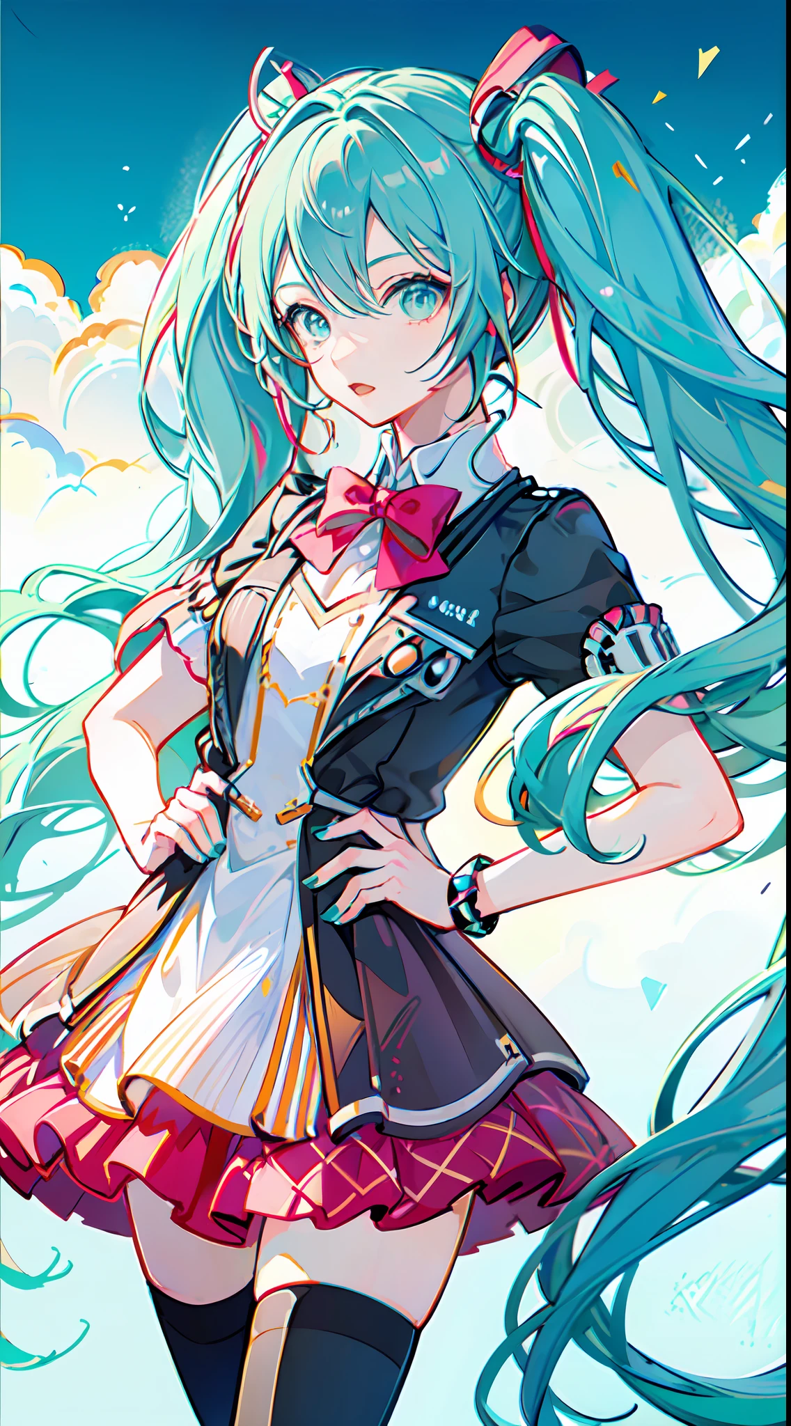 (masterpiece, super detail,) anatomically correct, 1anime girl, leomiku, short sleeves, With sparkling eyes and long and fluffy blue hair, she wears a colorful outfit and enchants people with her wonderful voice. Her name is Hatsune Miku, the most famous virtual singer in the world.