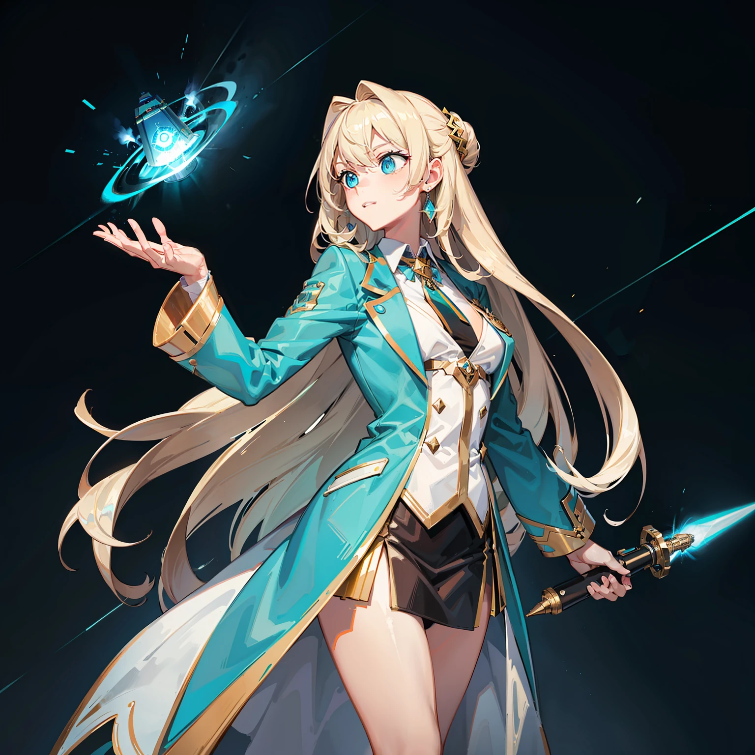 Masterpiece-level picture quality，Best quality，Female figure，Long blonde hair，tailcoat，Turquoise eyes，Metal products，Hand-held oversized electromagnetic pulse cannon，Metal levitation eye，Starship，Starship，Fighter，Metal surrounding，Metal fibers