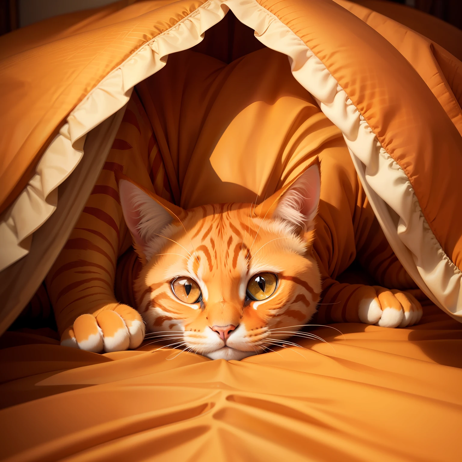 orange cat,looking at the camera in,looking at the camera in,looking up lens,Gold quilt silver bed,Lazy