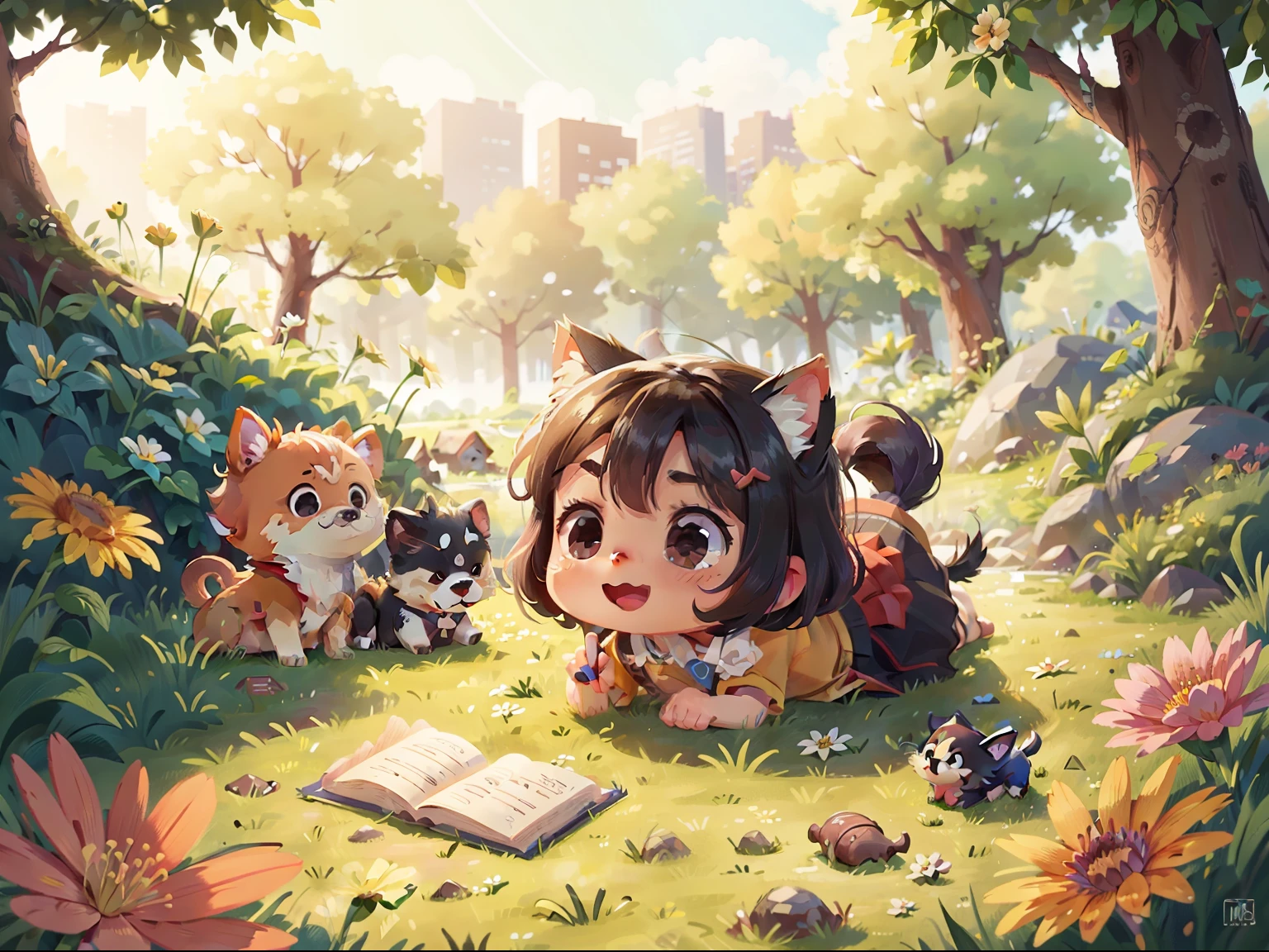 A small dog is by the river,grassy fields,fresh flowers,having fun,児童書,Picture books,Flat color,Perfect quality,Clear focus(Clutter - home:0.8), (tmasterpiece:1.2) (realisticlying:1.2) (bokeh) (best qualtiy) (detailedskin:1.3) (complexdetails) (8K) (detailedeyes) (Sharp focus),(having fun)