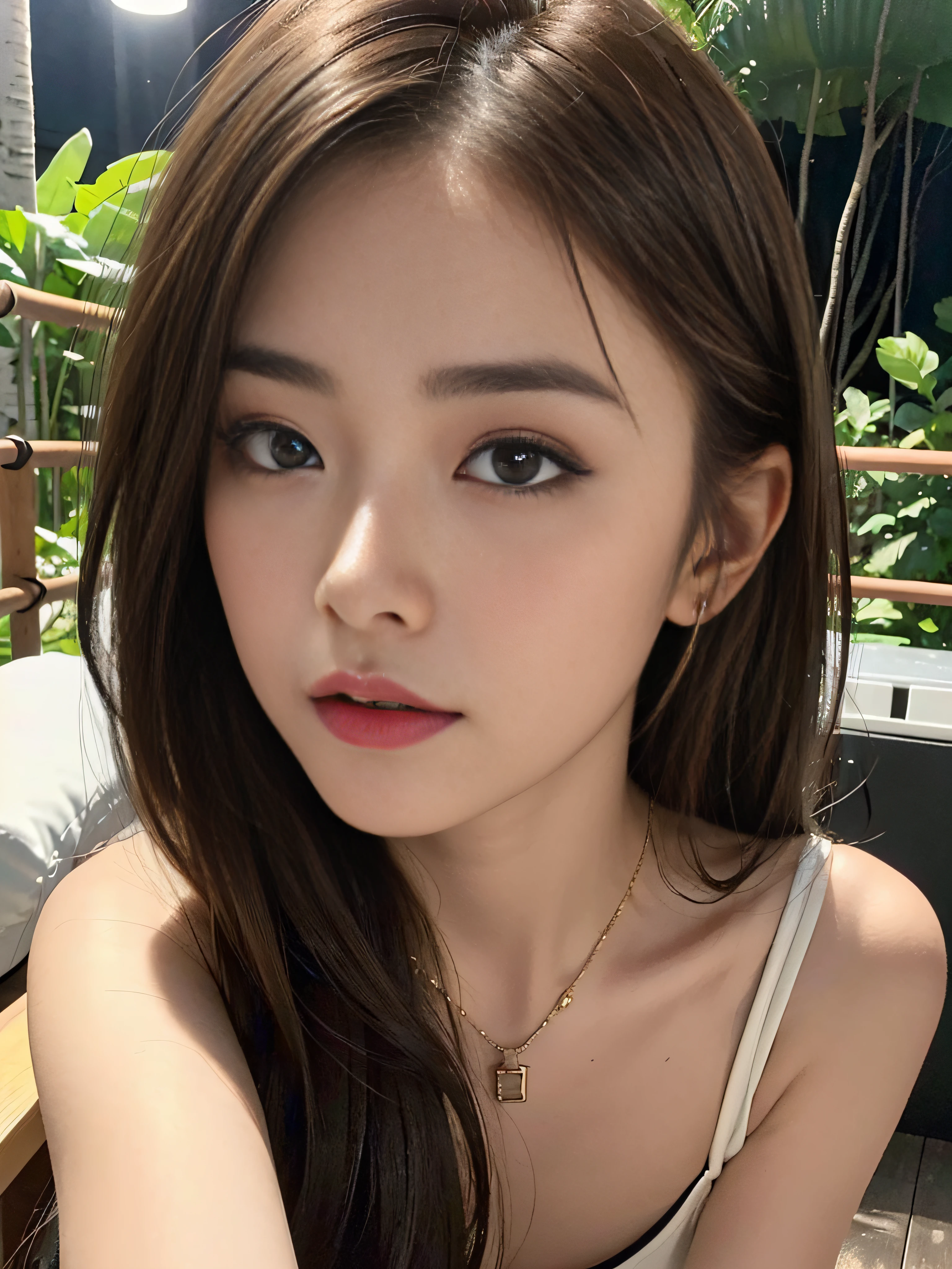 ((Realistic lighting、top-quality、8K、​masterpiece:1.3))、Clear focus:1.2、nsfw:1.2,nudde:1.3、1girl in、perfectbodybeauty:1.4、Slim abs:1.1、dark-brown eyes、((dark brown hair、middlebreasts:1.2))、(Acceleration:1.4)、Slender face、Open your legs、Looking at the camera、(24 year old:1.3)、hyperdetailed face、A detailed eye、二重まぶた、a necklace、In the rainforest、crouching down