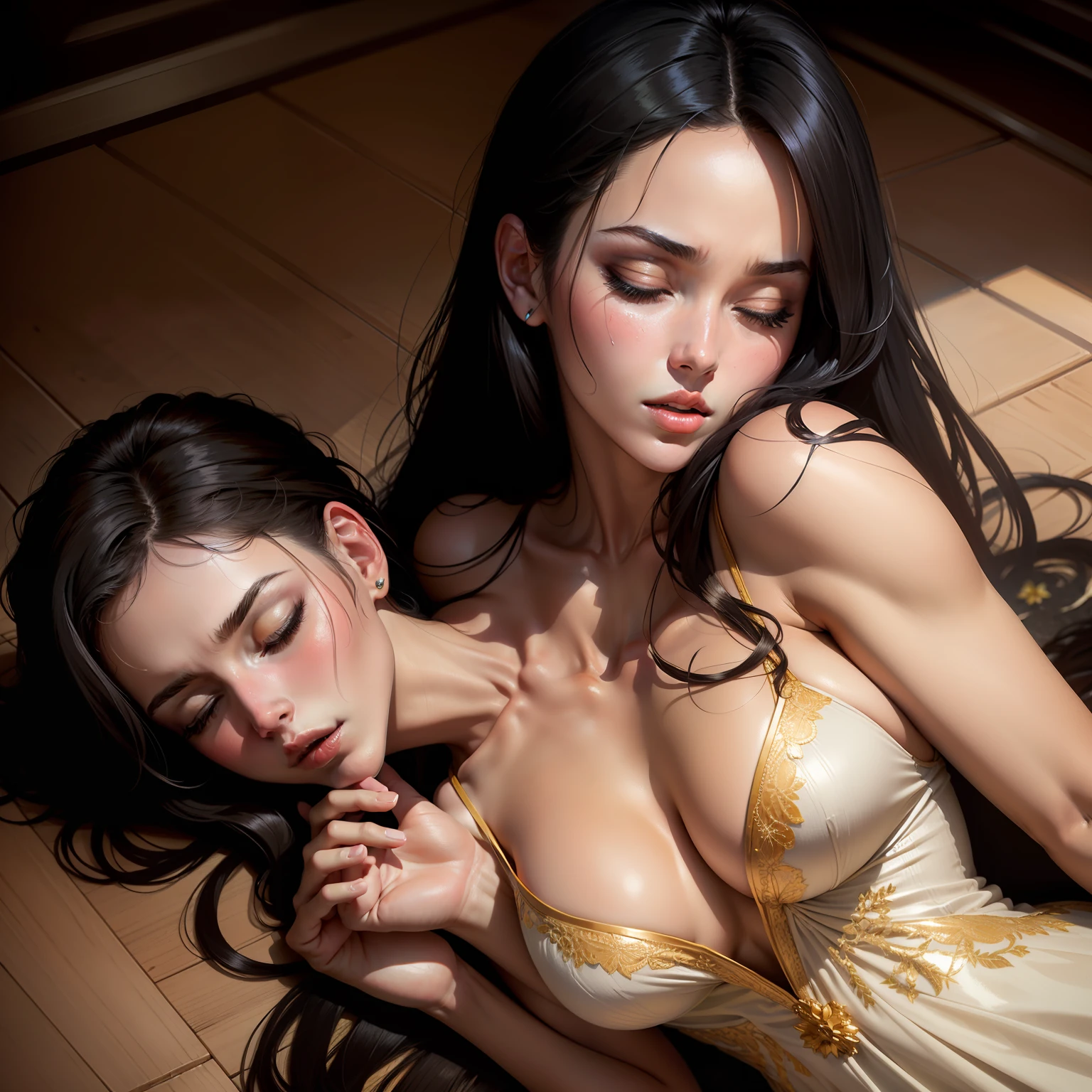1 beautiful woman, on the floor, statuesque body, eyelids painted, eyes outlined, mouth drooling, woman made up, body sweating, sleeping with her mouth open, sleeping sitting on the floor, dressed in a dress, eyes closed, mouth is wide open , resembling actress Monica Bellucci