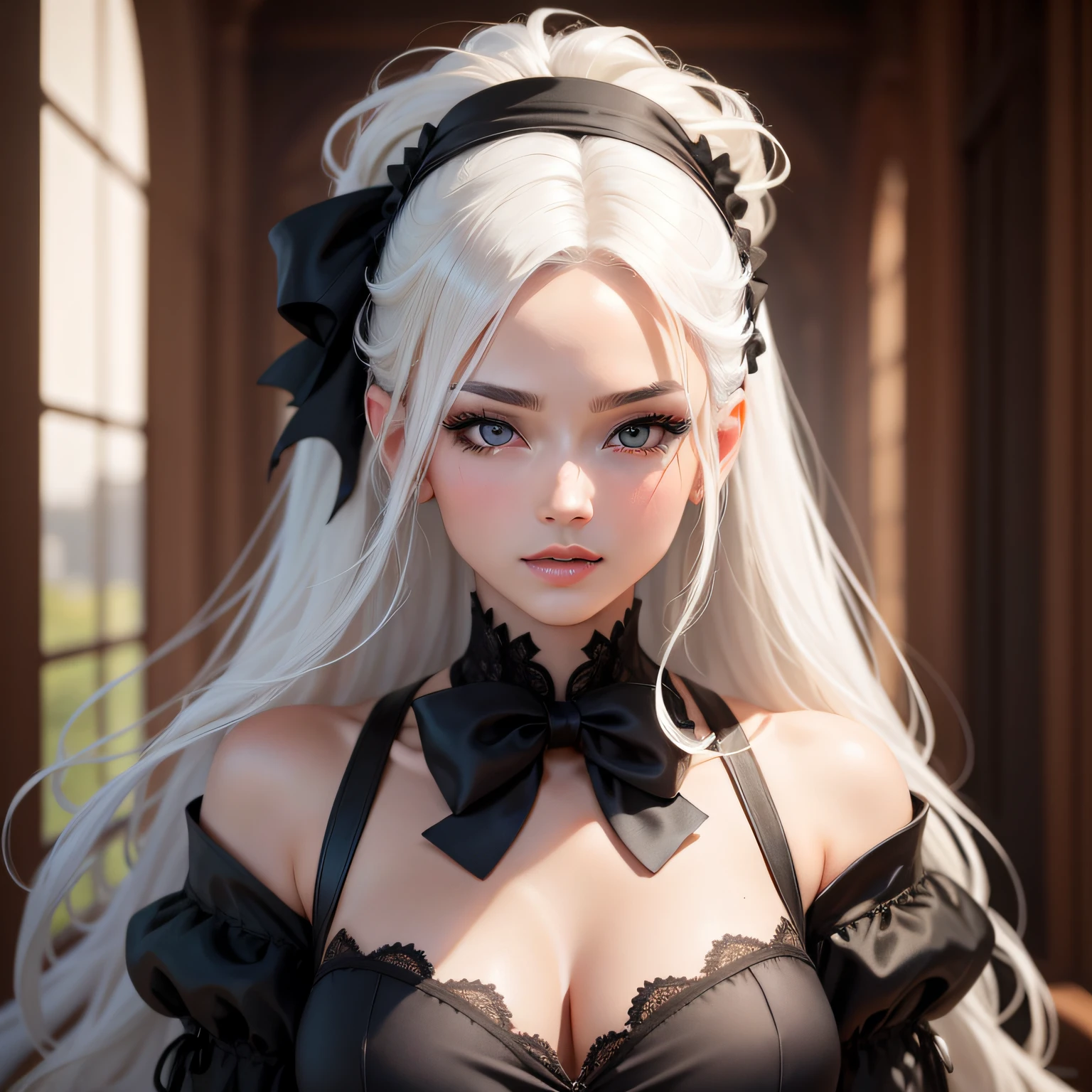 A beauty with white hair blonde eyes black silk sexy bow on her head