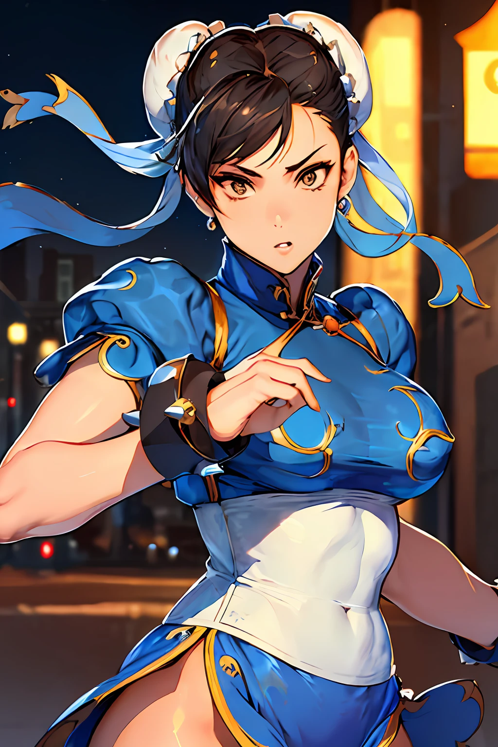 ((masterpiece,best qualtiy)),1girl,solo,ChunLi,upper body,beautiful night street background