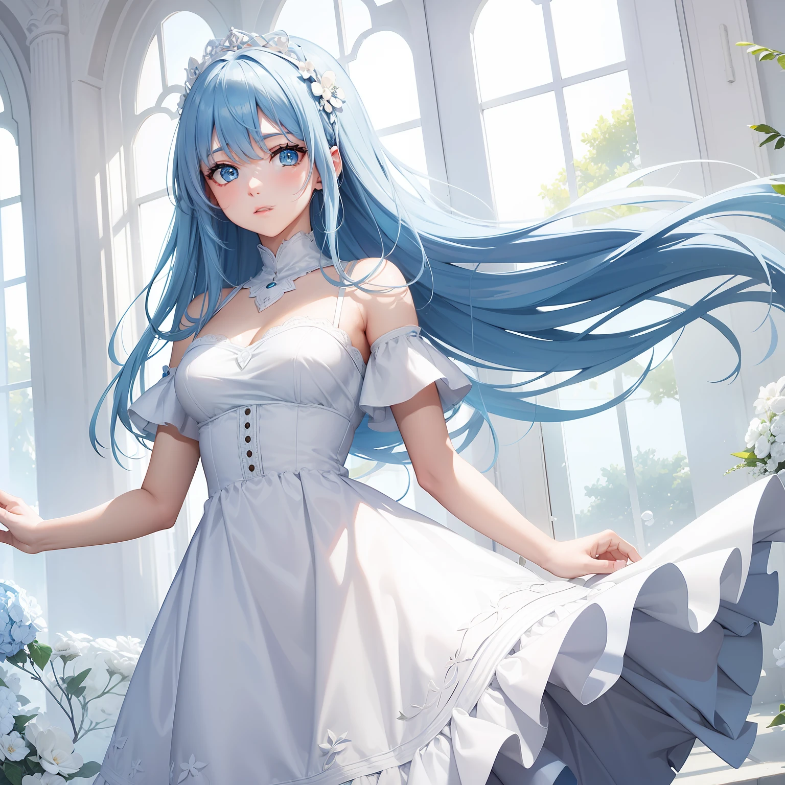 a women, blue hair, blue eyes, white dress