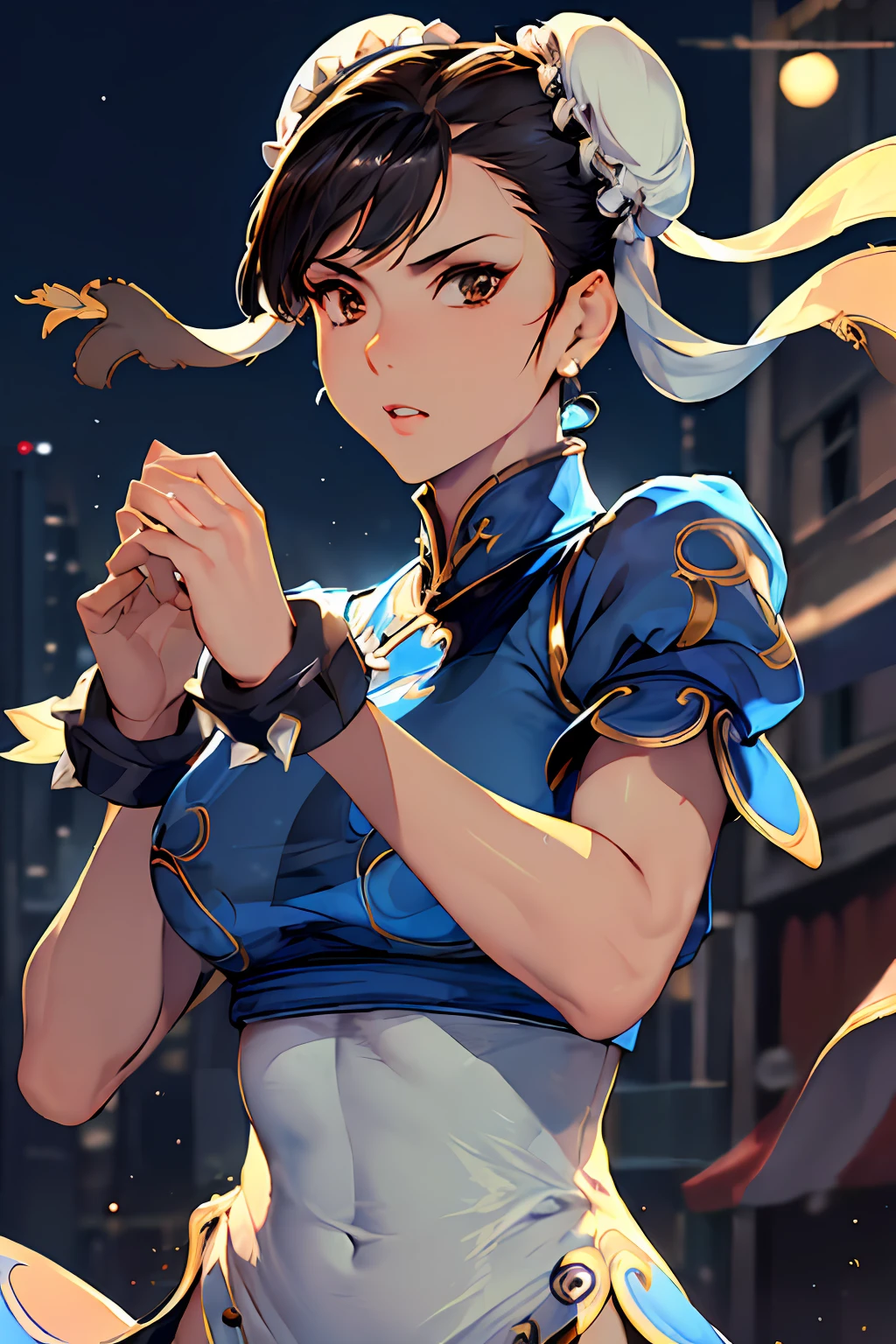 ((masterpiece,best qualtiy)),1girl,solo,ChunLi,upper body,beautiful night street background