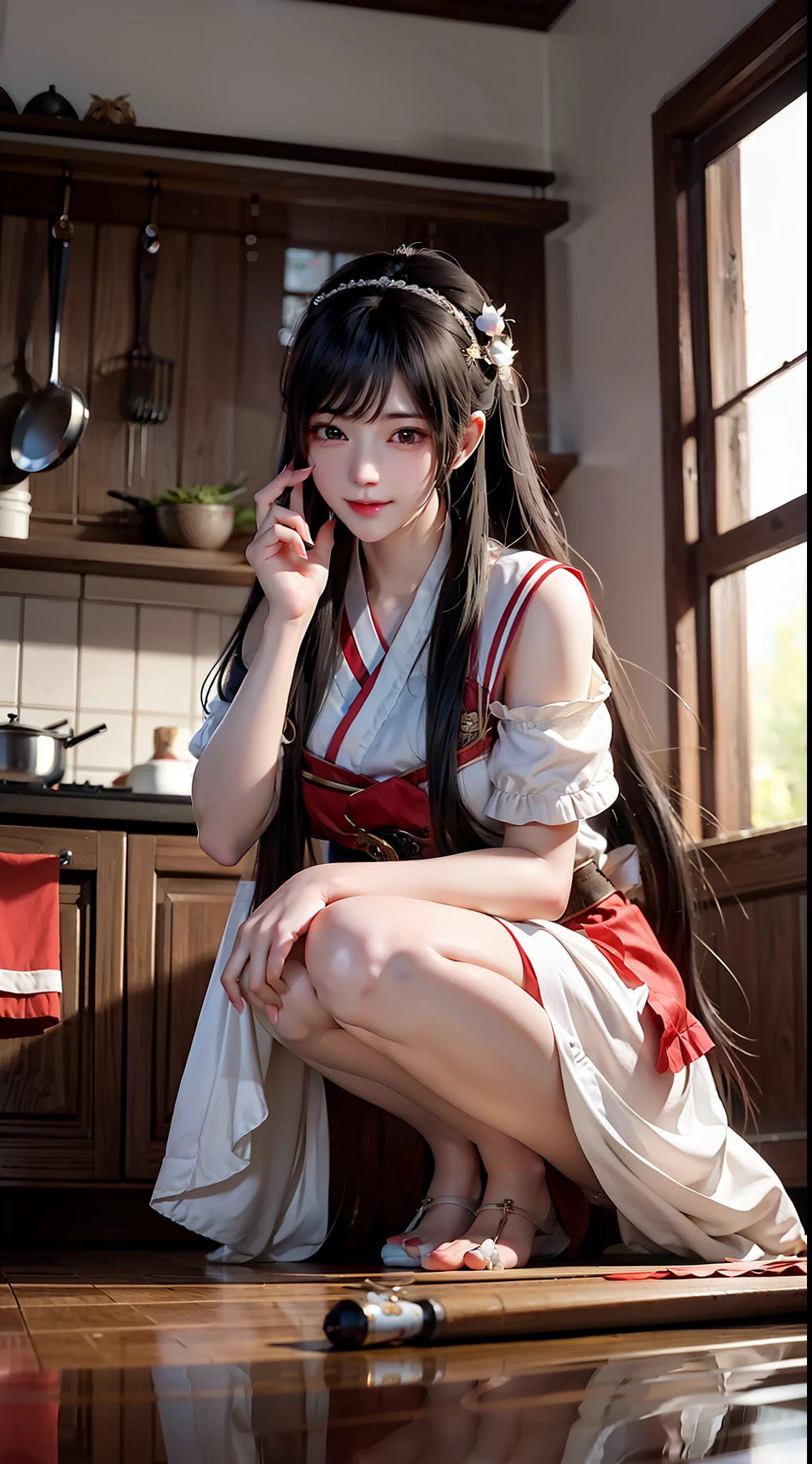 Unified 8K UHD quality CG wallpaper,Girl cooking in kitchen,Long red and white wavy hair,ssmile,Keep one's mouth shut,blissful