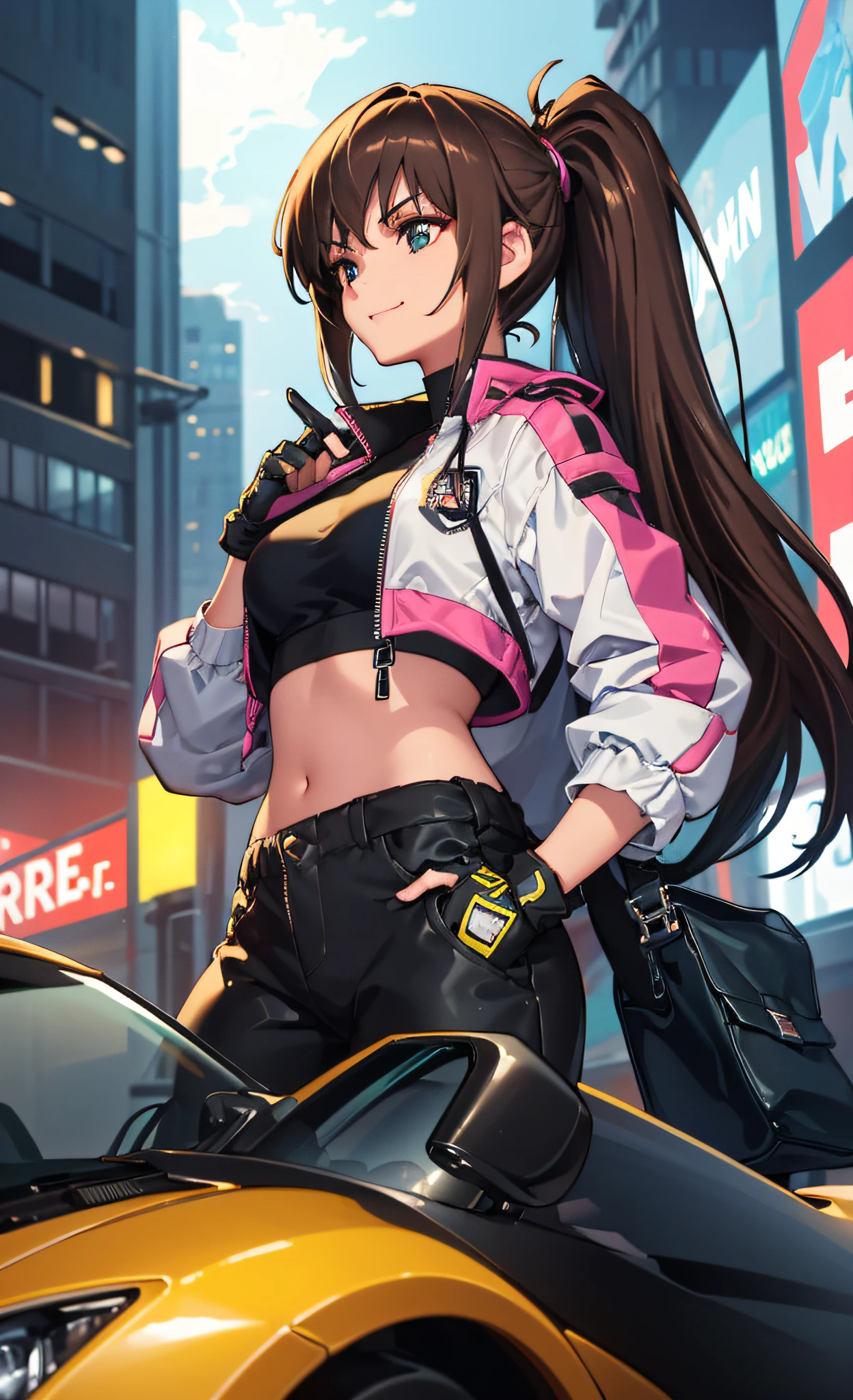 1girl, masterpiece, best quality, leaning against car, sports car, underground street racing, cropped jacket. racing jacket, racing gloves, cropped top, midrift showing, baggy pants, combat boots, brown hair, ponytail, night, glow, glowing, close-up, smug, (smile:0.8)