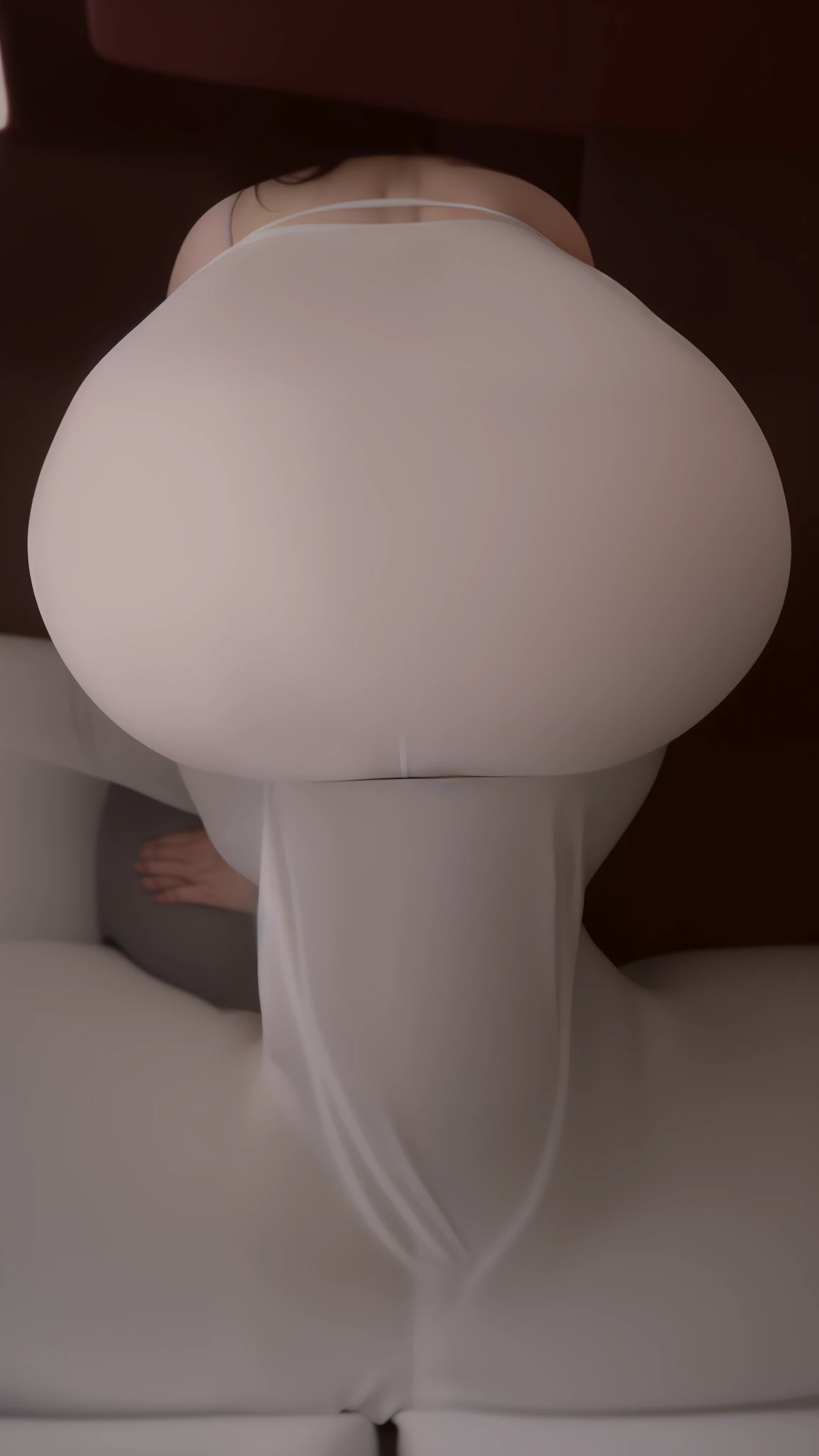 there is a woman in a white dress sitting on a couch, insanely inflated hips, photo still of posterior view, posterior view, soft curvy shape, Watching from behind, Watching from behind, big booty, Watching from behind, close-up shot from behind, rear-shot, picture from behind, pale milky white porcelain skin, on back