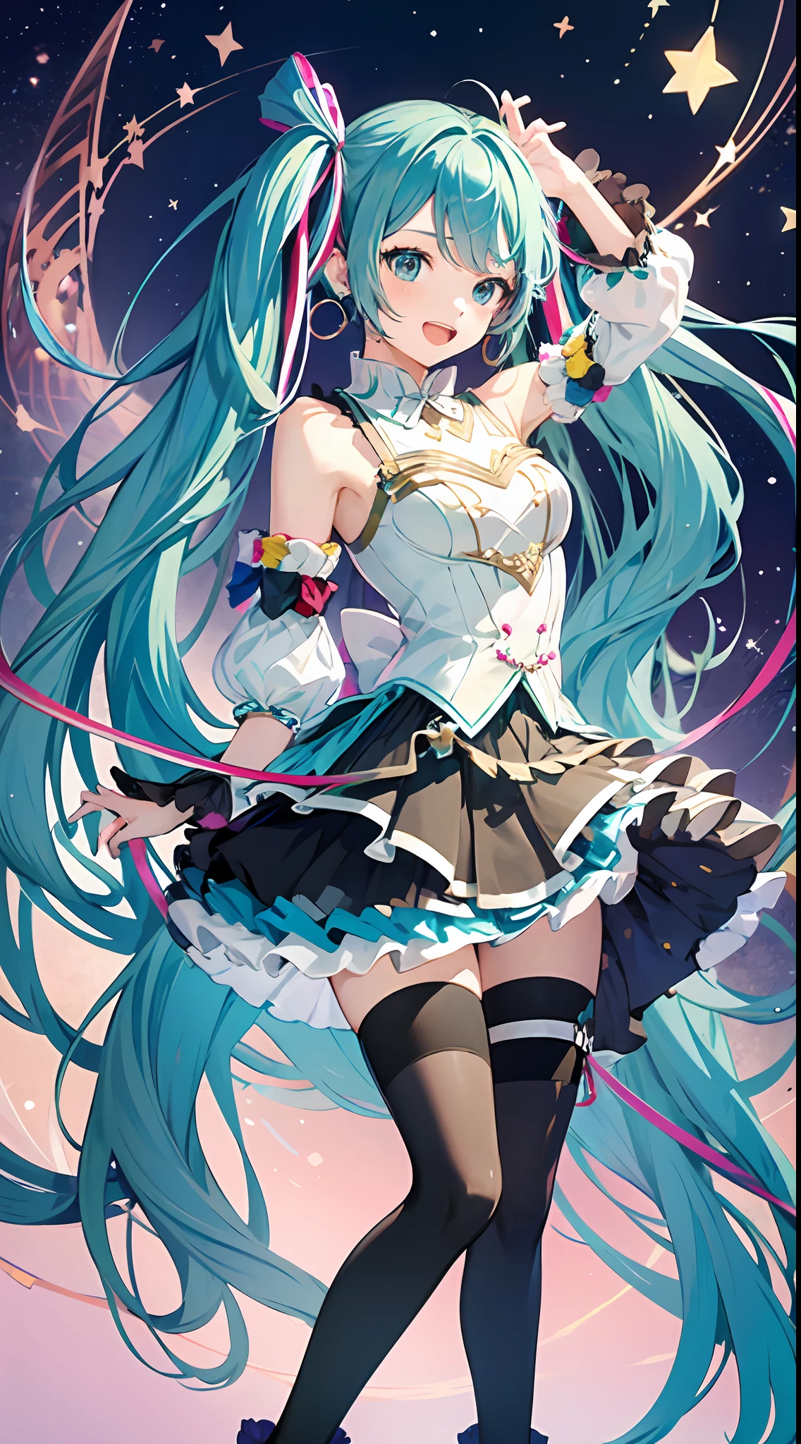 (masterpiece, super detail,) anatomically correct, 1anime girl, gracemiku, detached sleeves,  With blue hair and a light blue ribbon, a fluffy skirt and cute boots, she holds a microphone and loves singing. Her name is Hatsune Miku, a virtual singer who captivates people around the world.