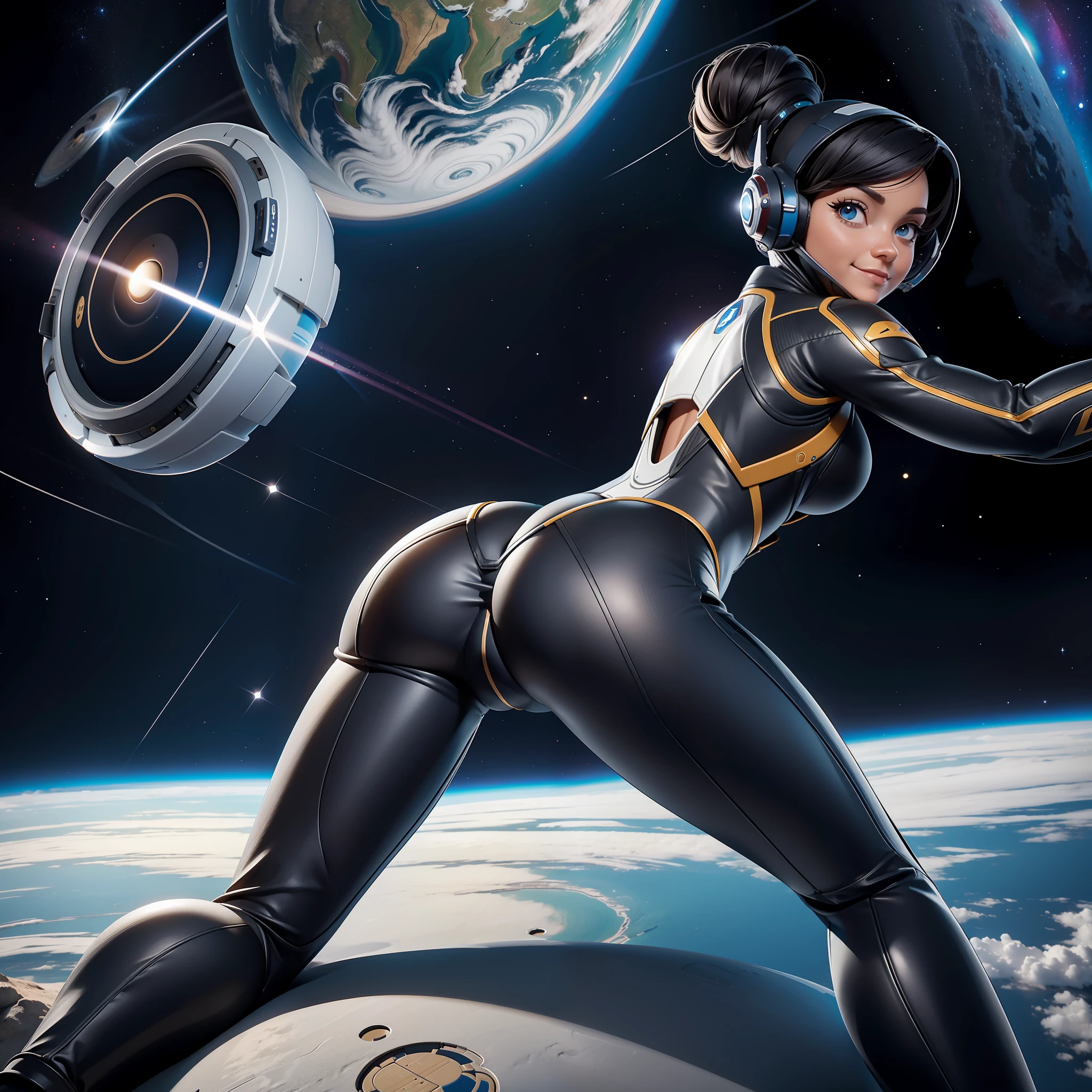 (melhor qualidade, obra-prima: 1.3), Traje espacial preto, linda bunda, prone position, Pose de costas, big ass, ass, perspectiva de baixo para cima, ((foco na bunda)), aurora, corpo inteiro, Caminhada espacial, rosto bonito e detlhado,, outer space, Saltar, Feliz, sorrir, rindo, space station, Floor Visor, de custos, bunda grande, bunda grande, Preparando