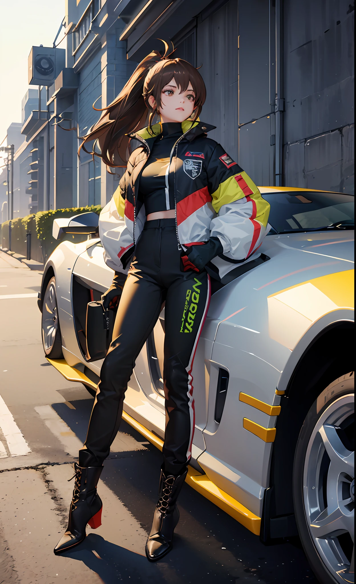 1girl, masterpiece, best quality, leaning against car, sports car, underground street racing, cropped jacket. racing jacket, racing gloves, tight top, baggy pants, combat boots, brown hair, ponytail, night, glow, glowing, close-up, smug, (smile:0.8)