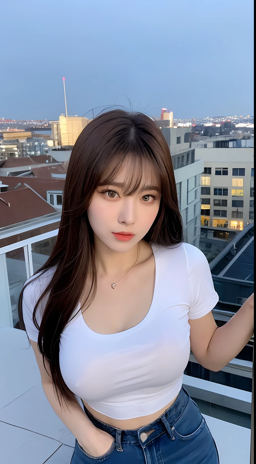 ((Midnight, Best quality, 8k, Masterpiece :1.3)), Whole body, Long legs, Sharp focus :1.2, A pretty woman with perfect figure :1.4, Slender abs :1.1, ((Dark brown hair, Big breasts :1.2)), (White tight tshirt, Jean bib, Standing:1.2), ((Night city view, Rooftop:1.3)), Highly detailed face and skin texture, Detailed eyes, Double eyelid