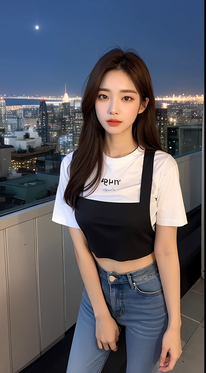 ((Midnight, Best quality, 8k, Masterpiece :1.3)), Whole body, Long legs, Sharp focus :1.2, A pretty woman with perfect figure :1.4, Slender abs :1.1, ((Dark brown hair, Big breasts :1.2)), (White tight tshirt, Jean bib, Standing:1.2), ((Night city view, Rooftop:1.3)), Highly detailed face and skin texture, Detailed eyes, Double eyelid